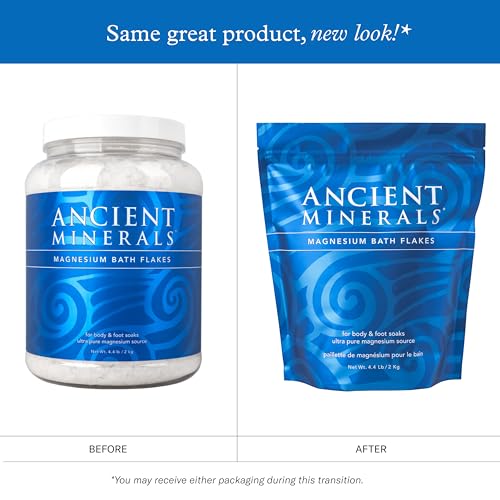 Ancient Minerals Magnesium Bath Flakes in a clear container, showing flaky magnesium mineral bath crystals for relaxing baths.