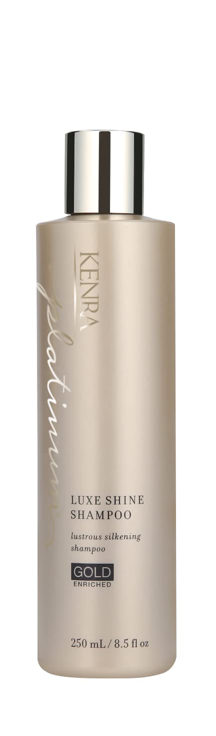 Kenra Kerna Platinum Luxe Shine Shampoo bottle with sleek silver design and label, showcasing luxurious hair care.