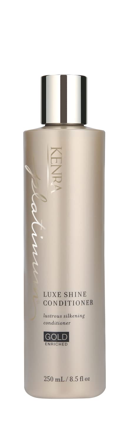 Kenra Platinum Luxe Shine Conditioner bottle with sleek design and label, showcasing glossy hair and premium hair care branding.