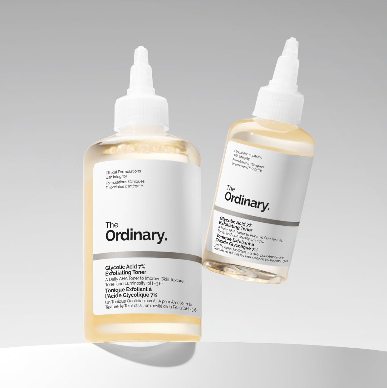 The Ordinary Glycolic Acid 7% Exfoliating Toner bottle with label and cap, close-up shot highlighting the product packaging.