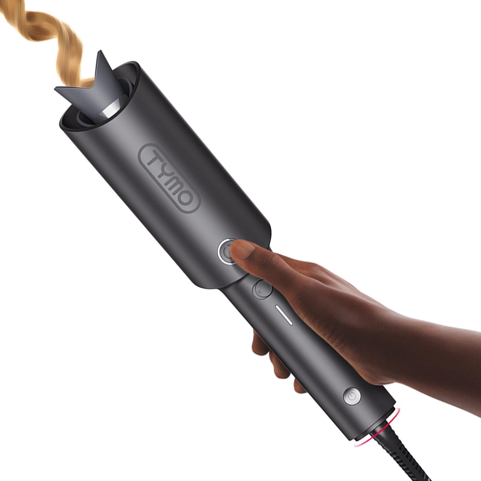 TYMO Automatic Rotating Curling Iron showing the device with a curling barrel and control buttons for creating curls.