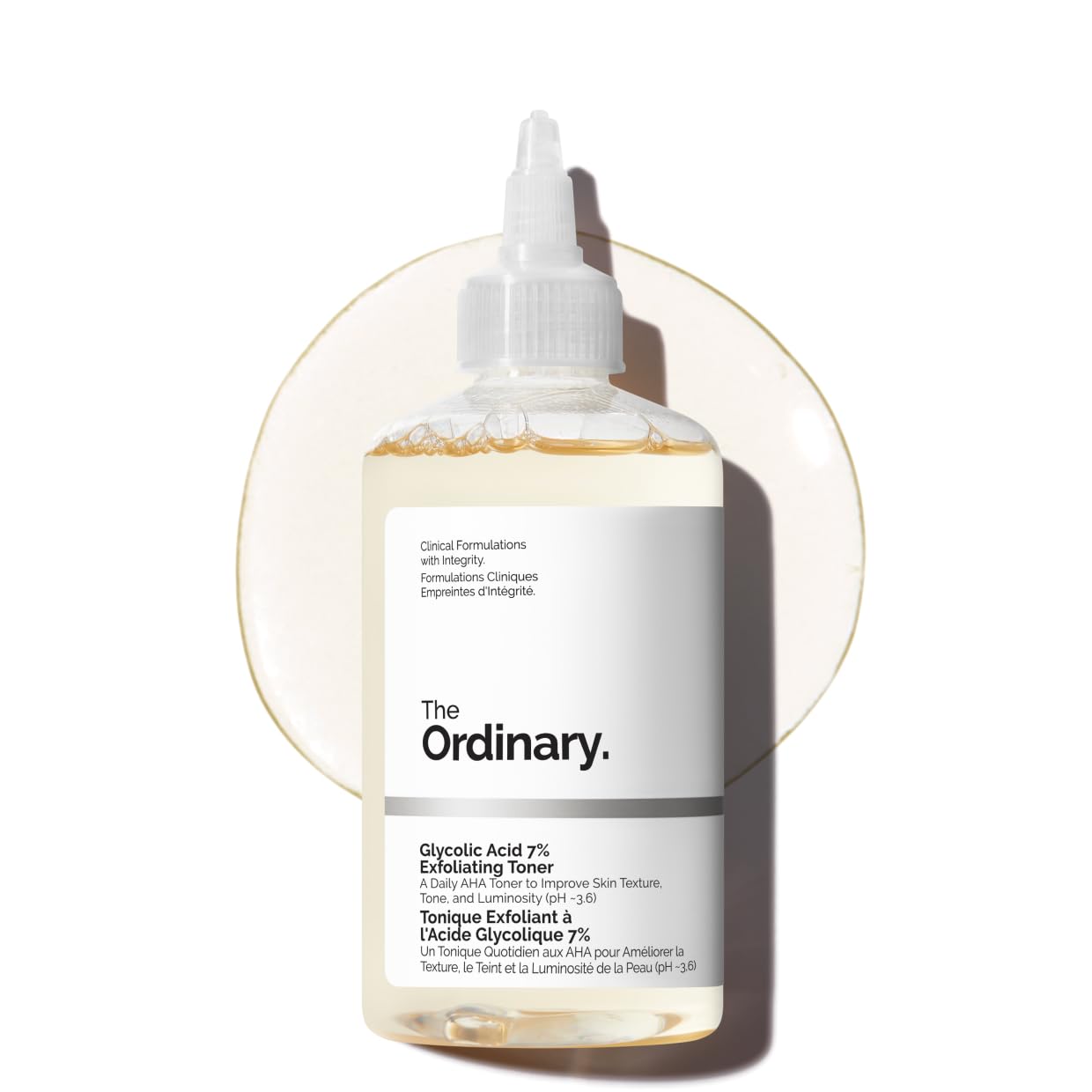 The Ordinary Glycolic Acid 7% Exfoliating Toner bottle with white label, clear liquid inside, and dropper cap.