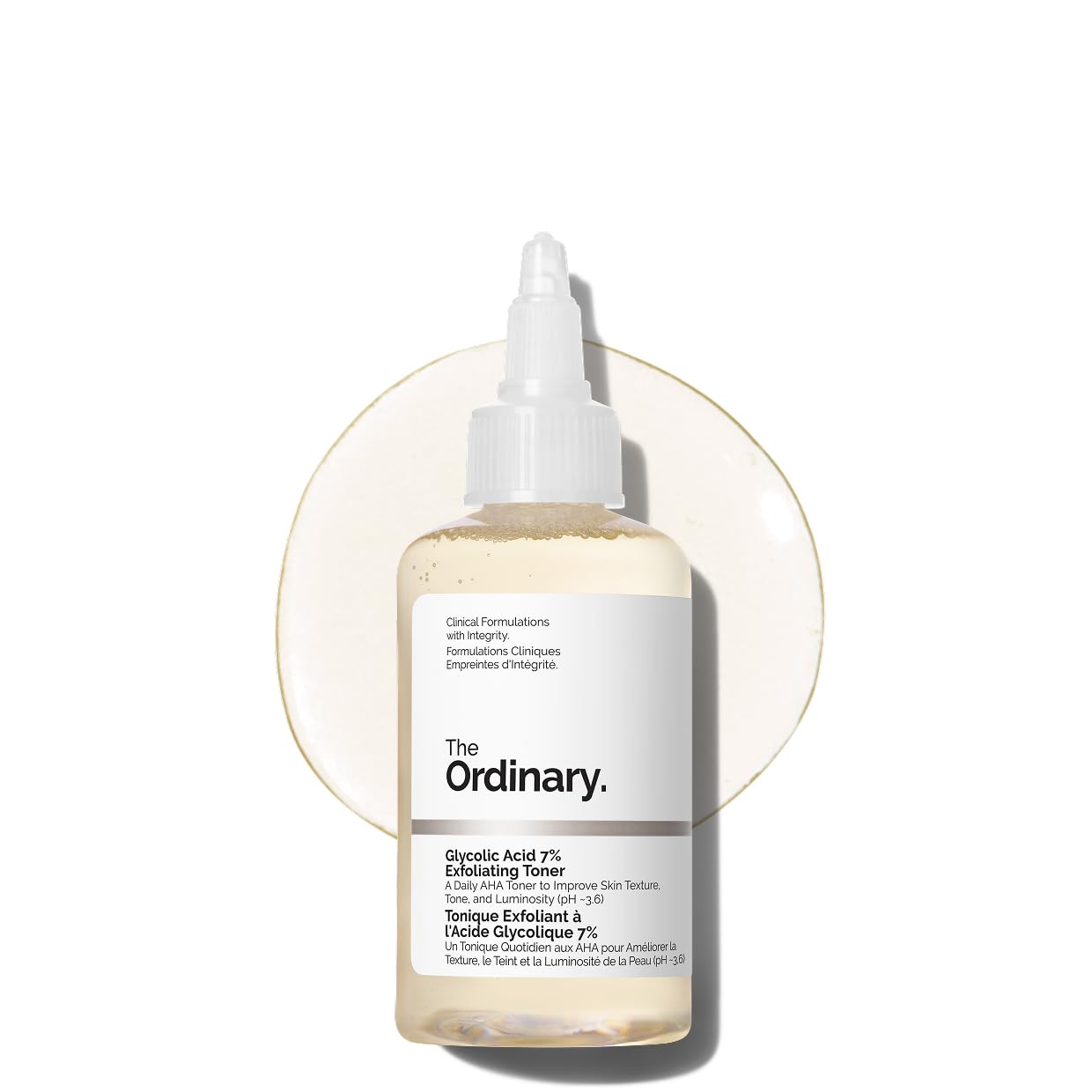 The Ordinary Glycolic Acid 7% exfoliating toner bottle with label and clear liquid inside.
