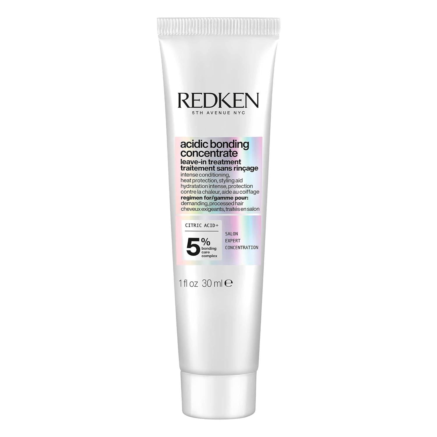 Redken Acidic Bonding Concentrate leave-in conditioner applied to hair, showcasing smooth, shiny, and healthy hair strands.