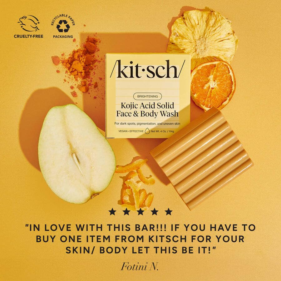 Kitsch Kojic Acid Soap bar with white packaging and clear branding, designed for skin brightening and cleansing.