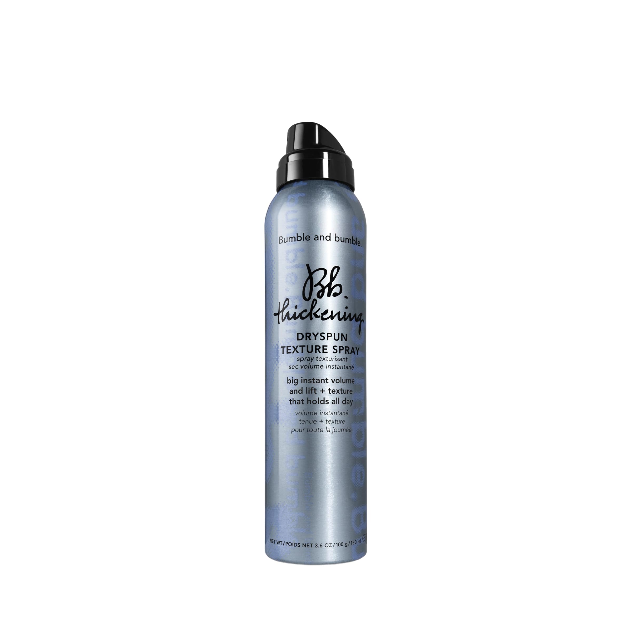 Bumble & Bumble Thickening Dryspun Texture Spray bottle with aerosol can for adding volume and texture to hair.