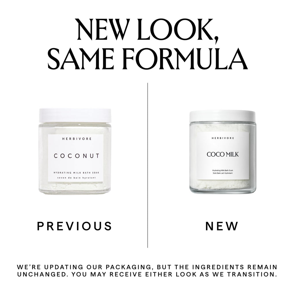 Herbivore Coconut Milk Bath Soak with natural ingredients in a clear jar, highlighting a relaxing bath product for soft, nourished skin.