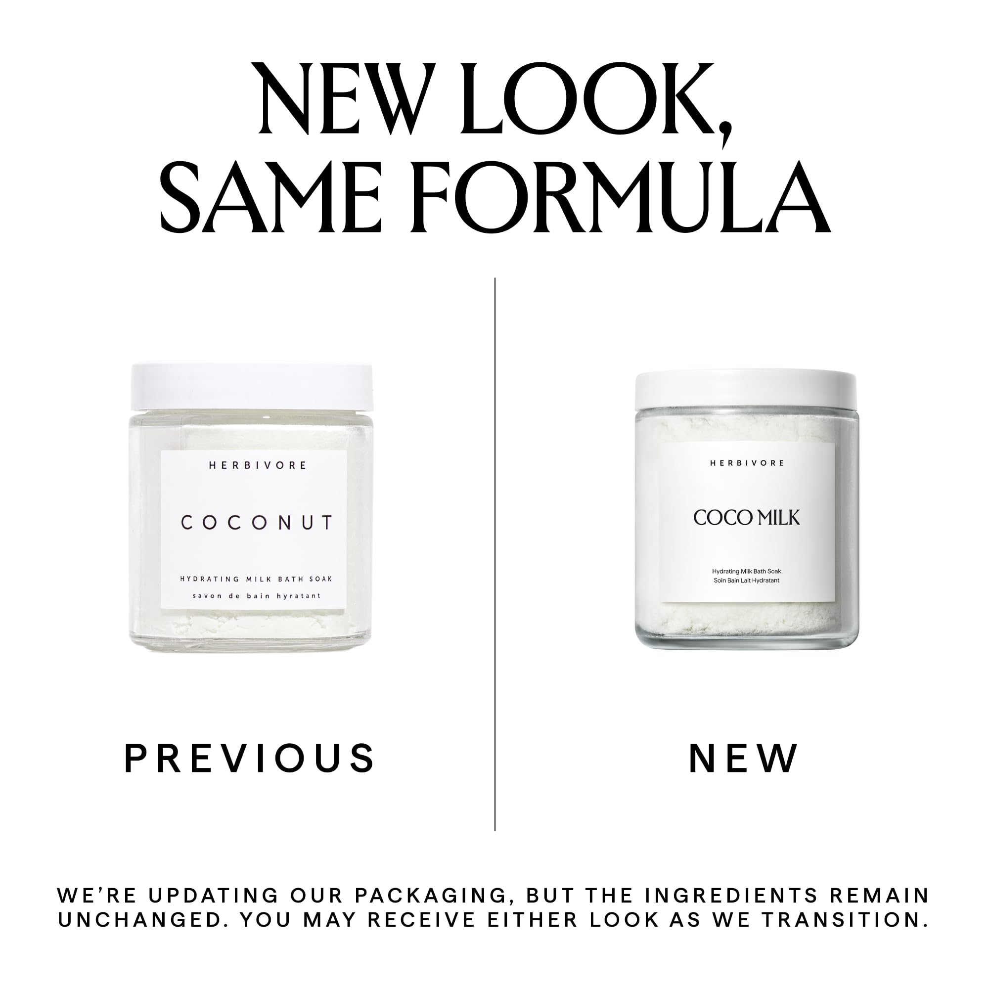 Herbivore Coconut Milk Bath Soak with natural ingredients in a clear jar, highlighting a relaxing bath product for soft, nourished skin.