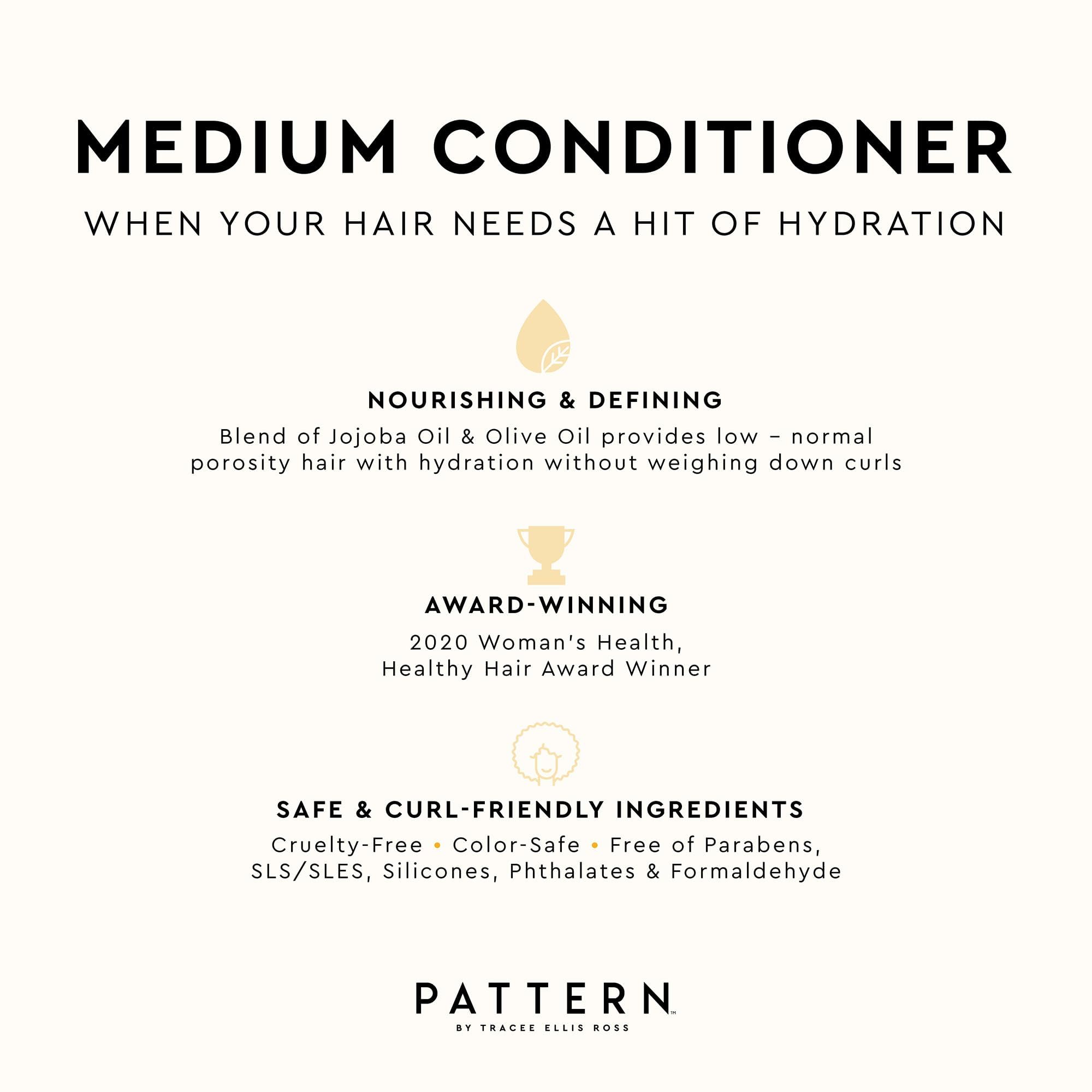 Pattern Beauty Medium Conditioner for curly hair, hydrating and providing slip, shown in a sleek bottle with curly hair in the background.