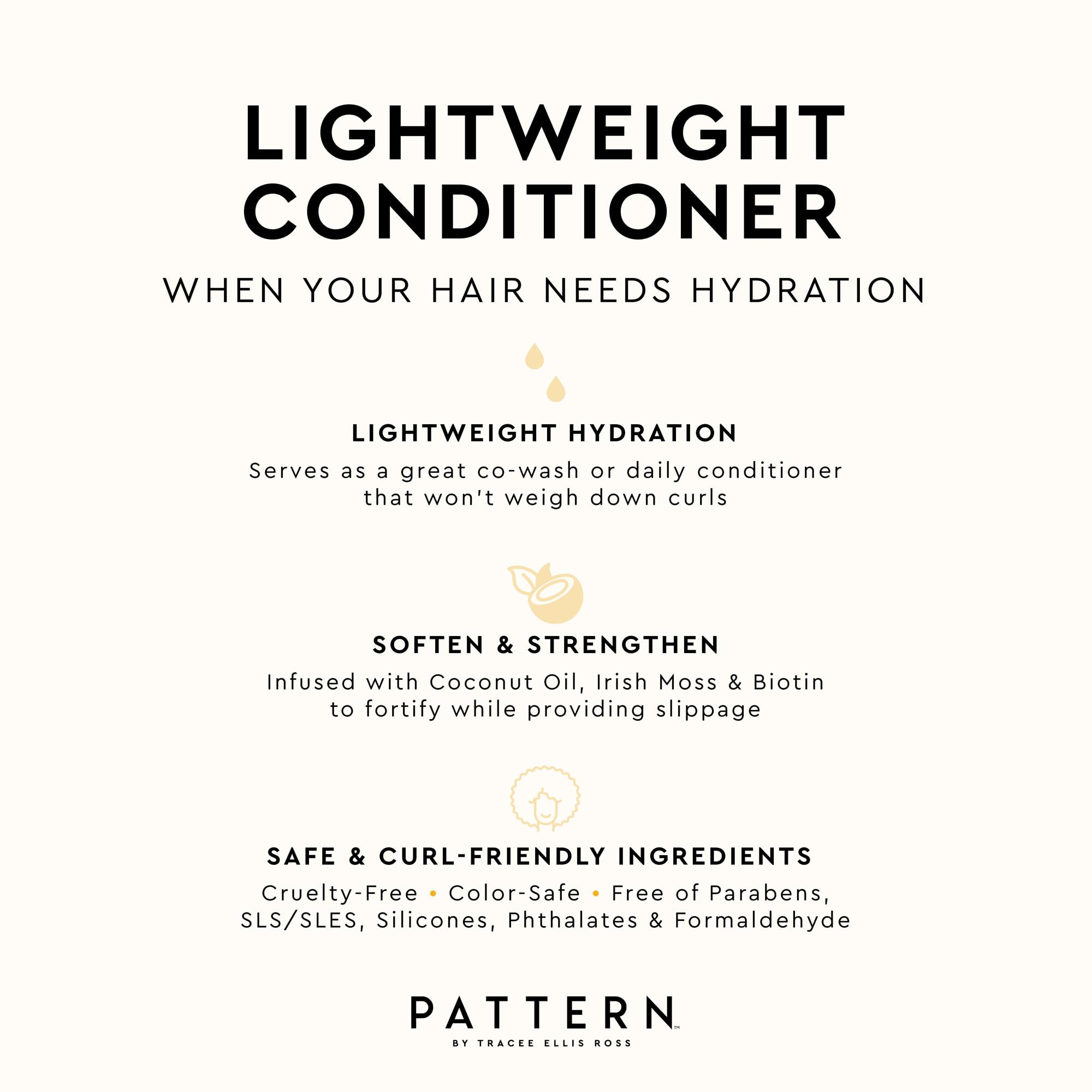 Pattern Beauty lightweight conditioner and co-wash bottle, designed for textured hair, with a clean, modern label and pump dispenser.