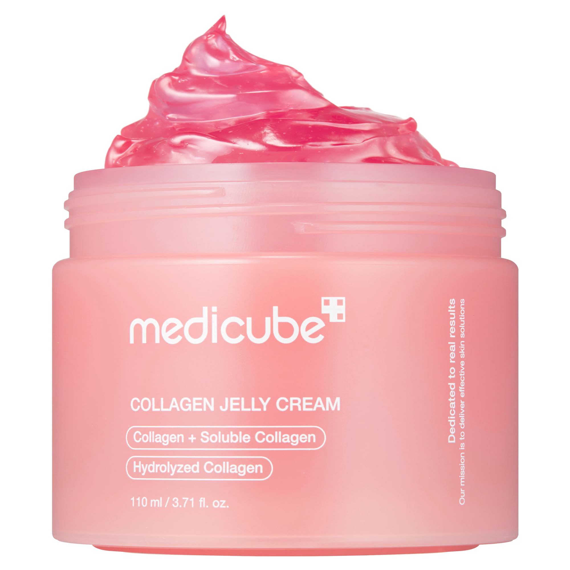 Medicube Collagen Jelly Cream jar with textured pink lid and clear body showing the gel-like pink skincare product inside.