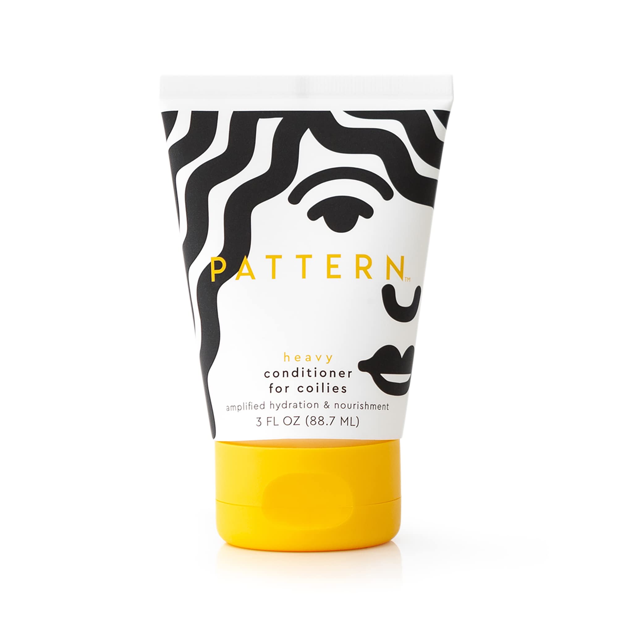 Pattern Beauty heavy conditioner for curly hair, rich hydration formula, shown in a sleek, white bottle with a pump dispenser.