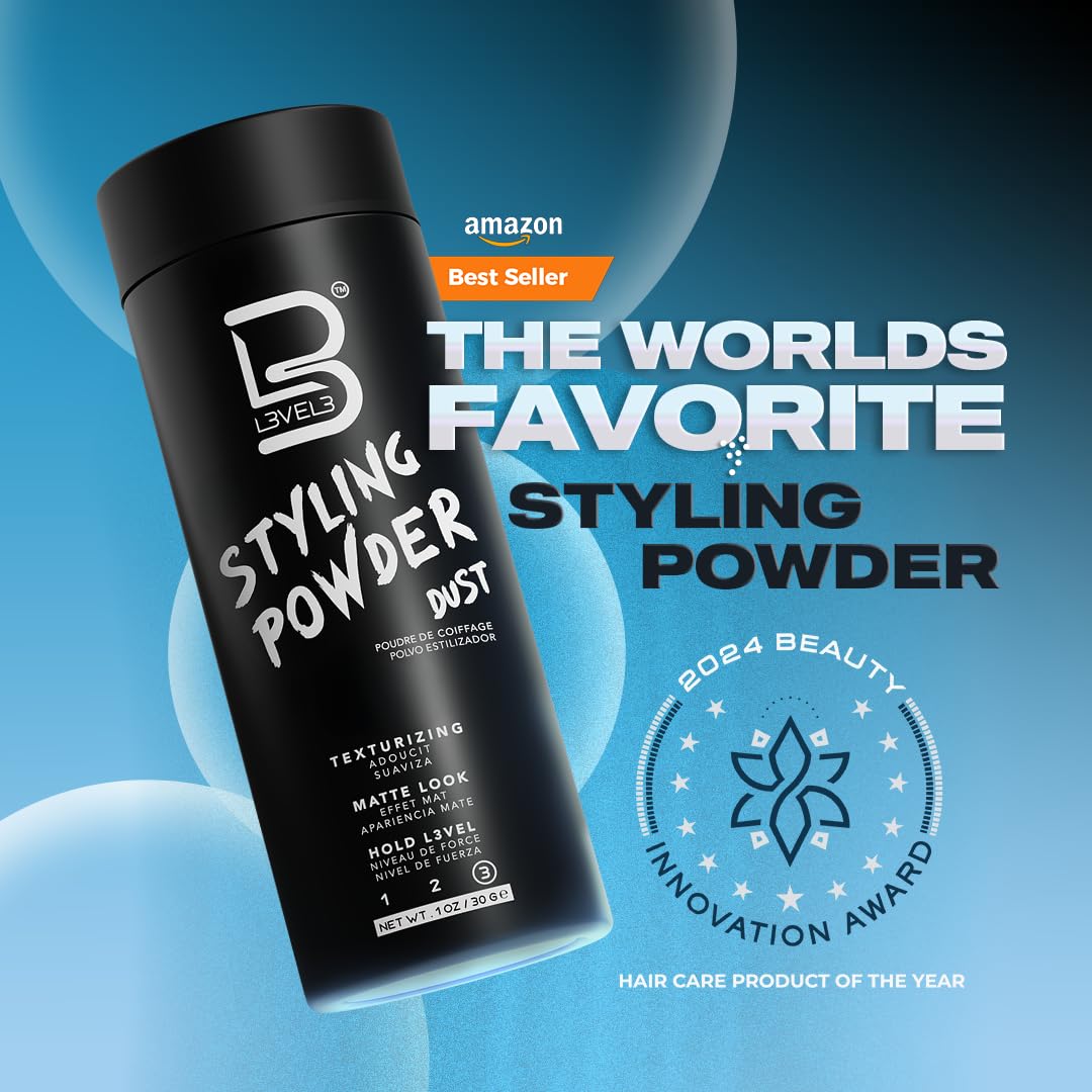 L3 Styling Powder Level 3 in a jar, showcasing the textured, lightweight styling powder for adding volume and texture to hair