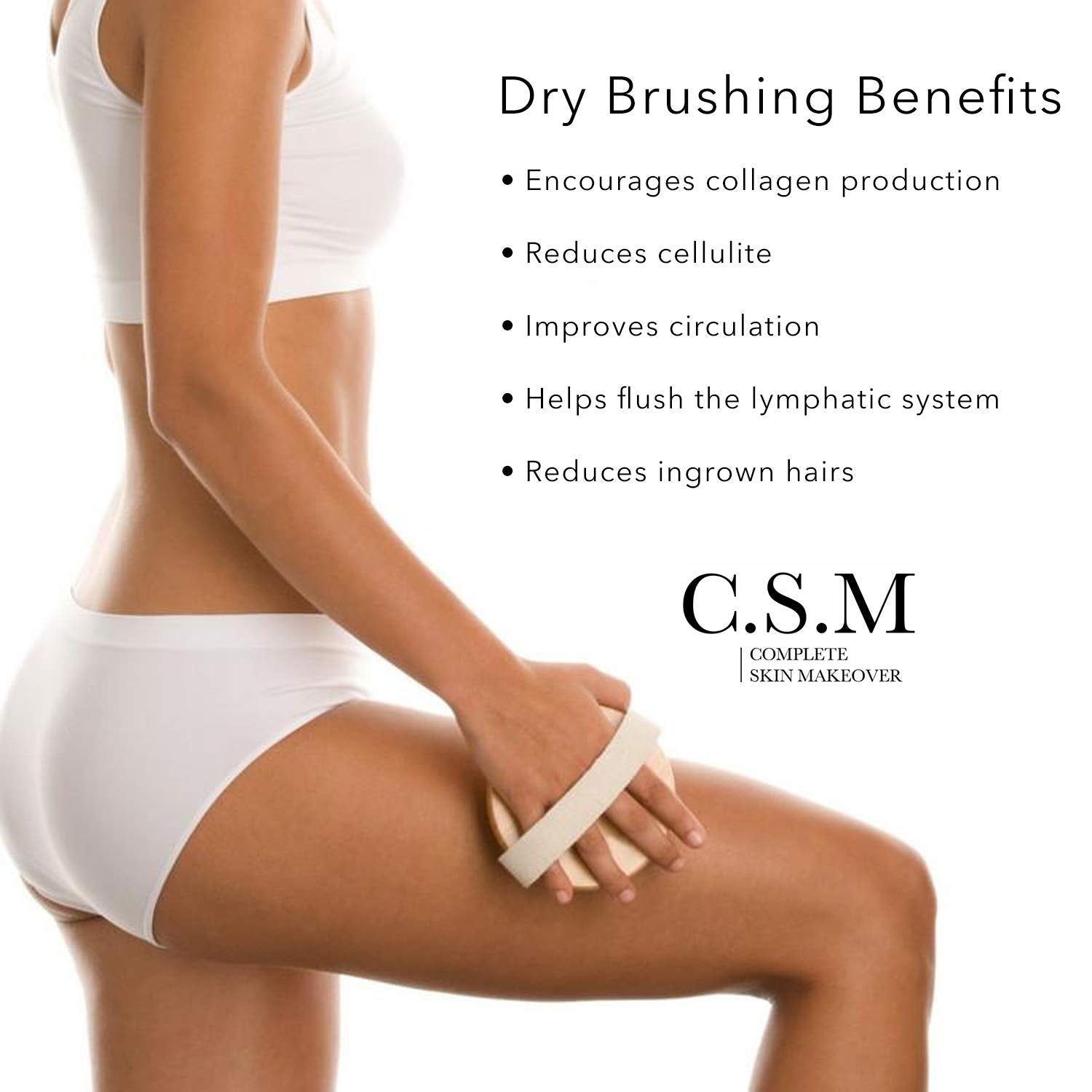 CSM dry body brush for lymphatic drainage with natural wooden handle and bristles, designed for exfoliating and stimulating skin.