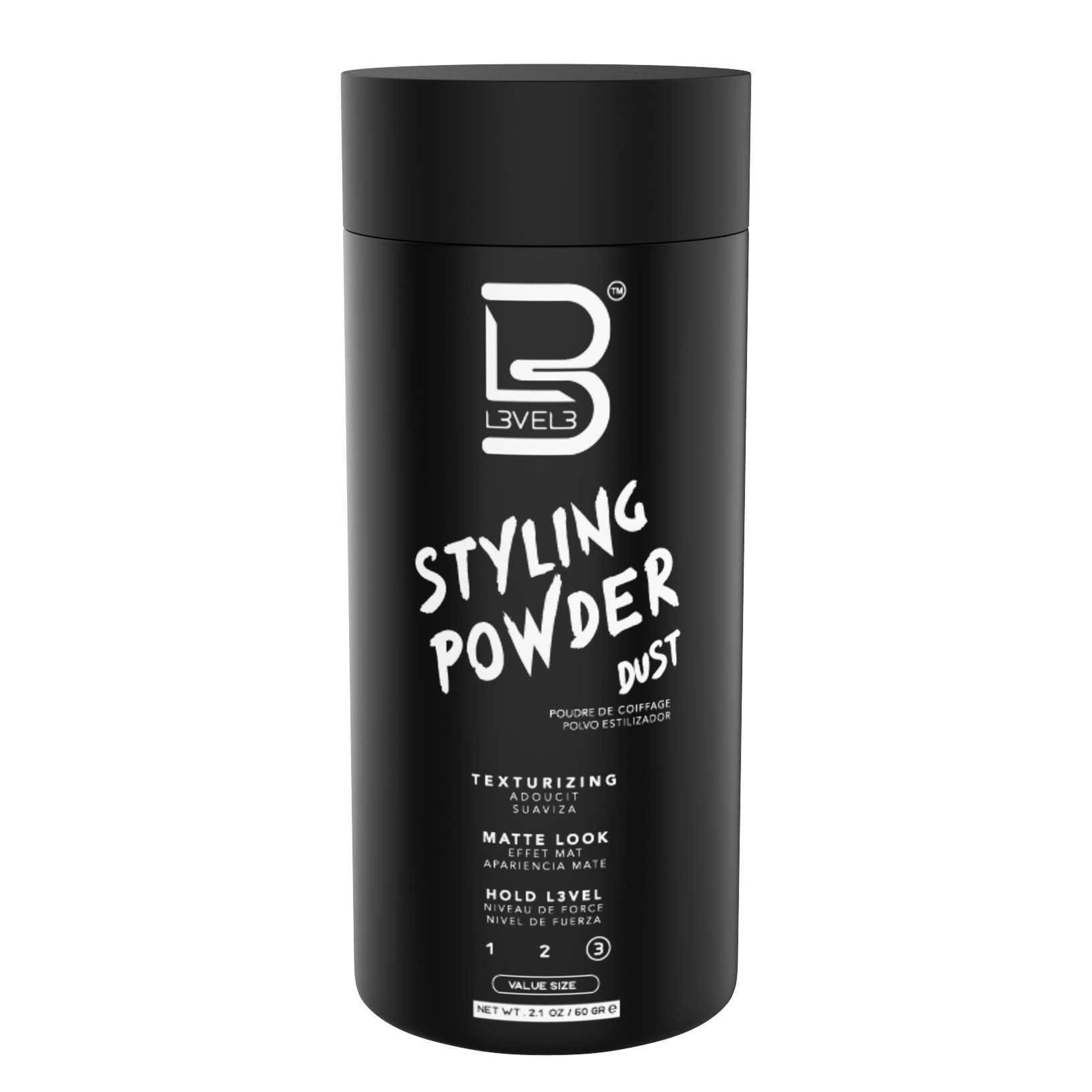 L3 Styling Powder Level 3 in a container, showing the white styling powder used for volumizing and texturizing hair.