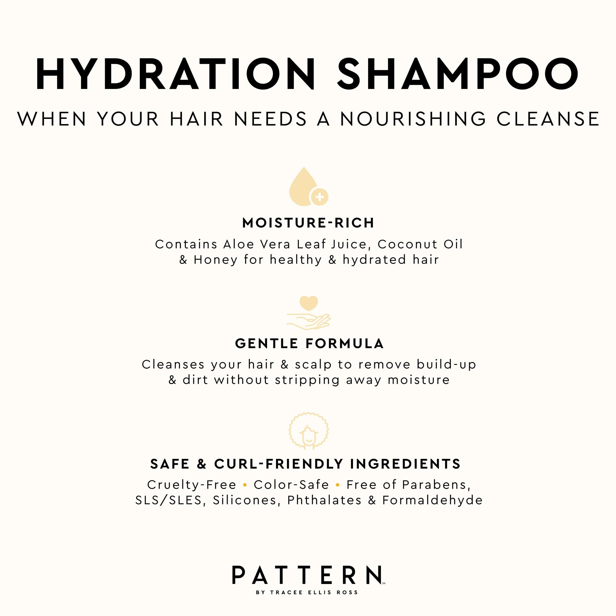 Pattern Beauty Hydration Shampoo bottle with label, featuring a sleek design and clear branding for nourishing hair care.