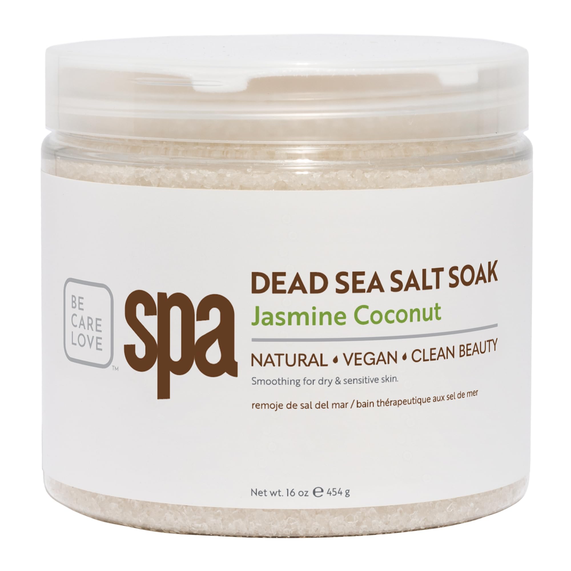 Be Care Love Spa Dead Sea Salt Soak in a jar, showcasing the natural mineral-rich salt product for relaxing bath experiences.