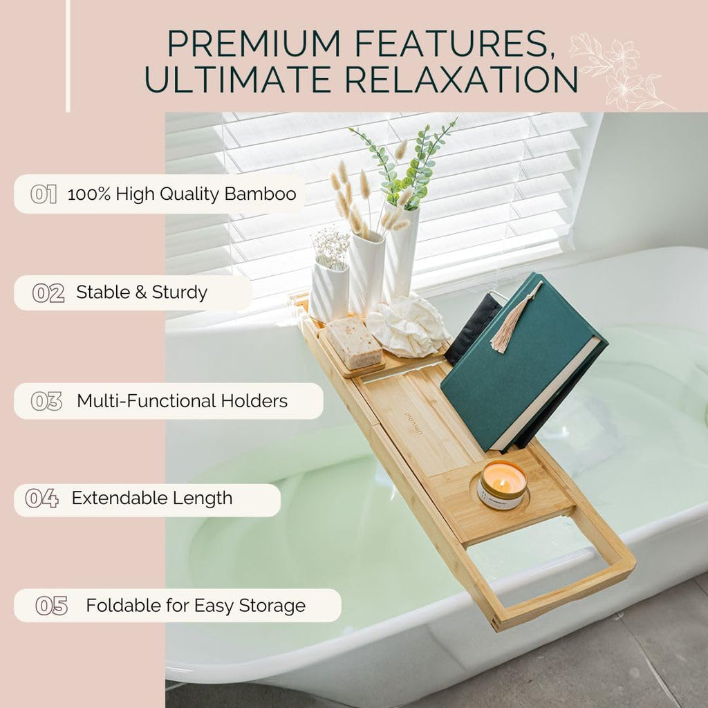 Foldable Bayleez bathtub tray caddy with built-in compartments and a phone holder, designed for convenient bath time organization.