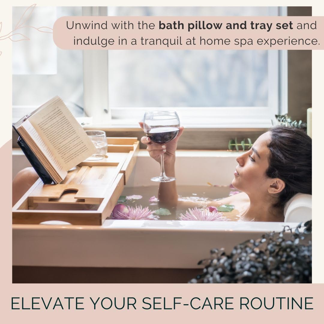 Foldable Bathtub Tray Caddy by Bayleez showing a wooden bath organizer with adjustable sides and a built-in drink holder.