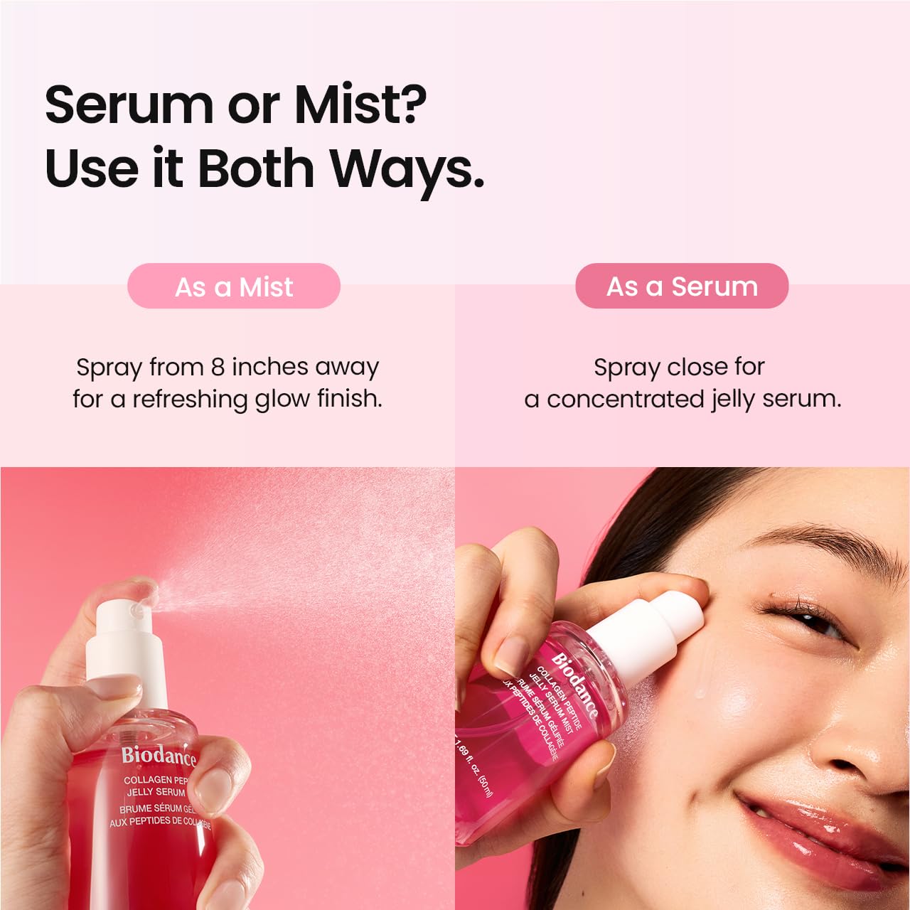 Bayleez BIODANCE Collagen Peptides Jelly Serum Mist in a clear bottle with a spray nozzle, showcasing a hydrating skincare product.