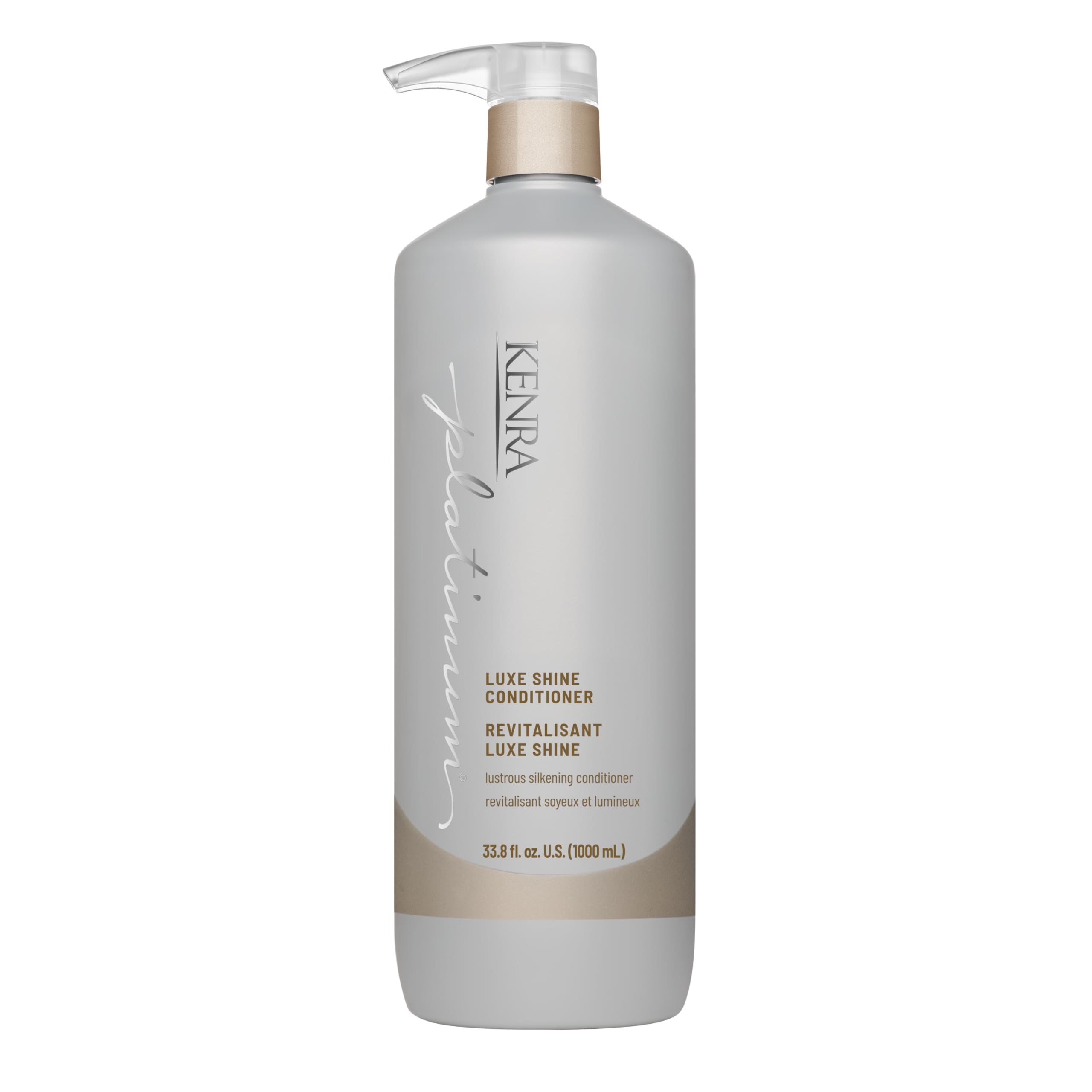 Kenra Platinum Luxe Shine Conditioner bottle with sleek silver packaging and detailed label, showcasing a luxurious hair care product.