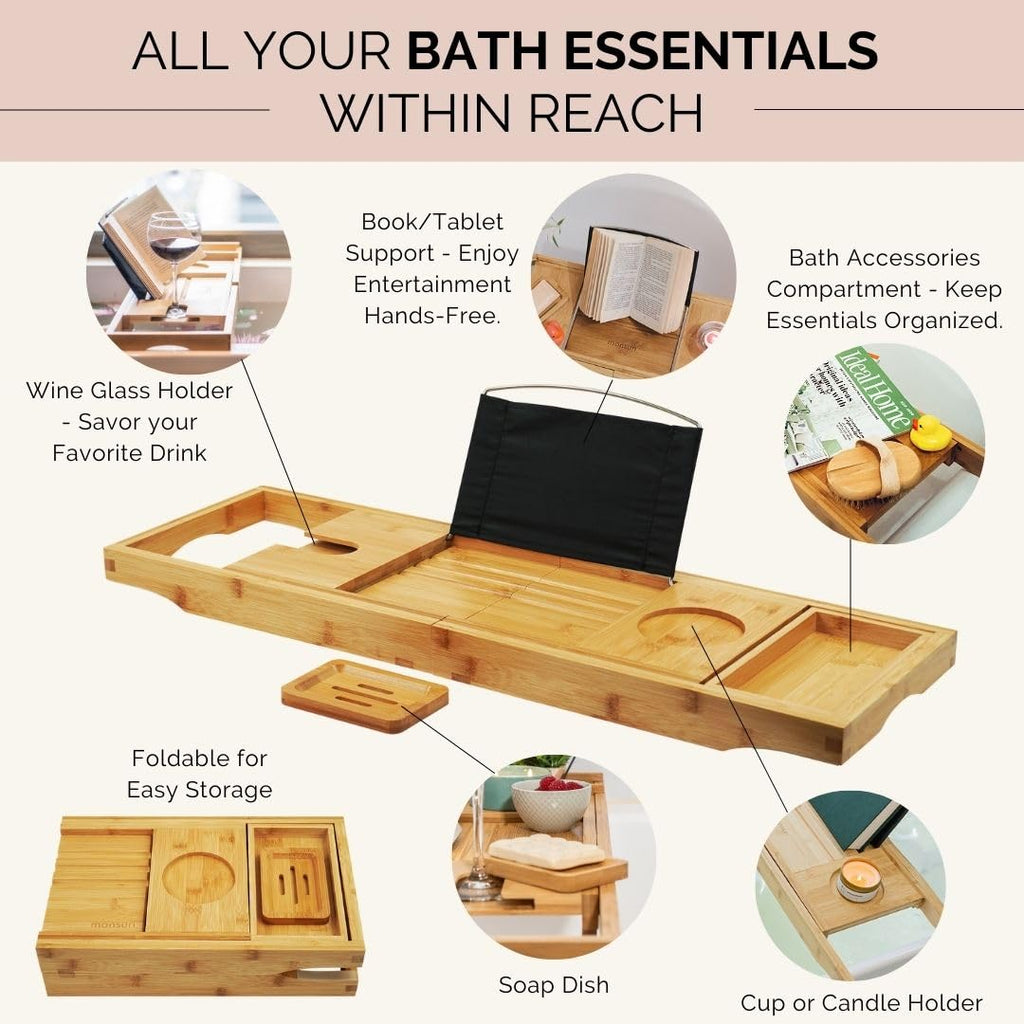 Bayleez foldable bathtub tray caddy with bamboo finish, featuring compartments for bath essentials and a built-in holder for a book or tablet.