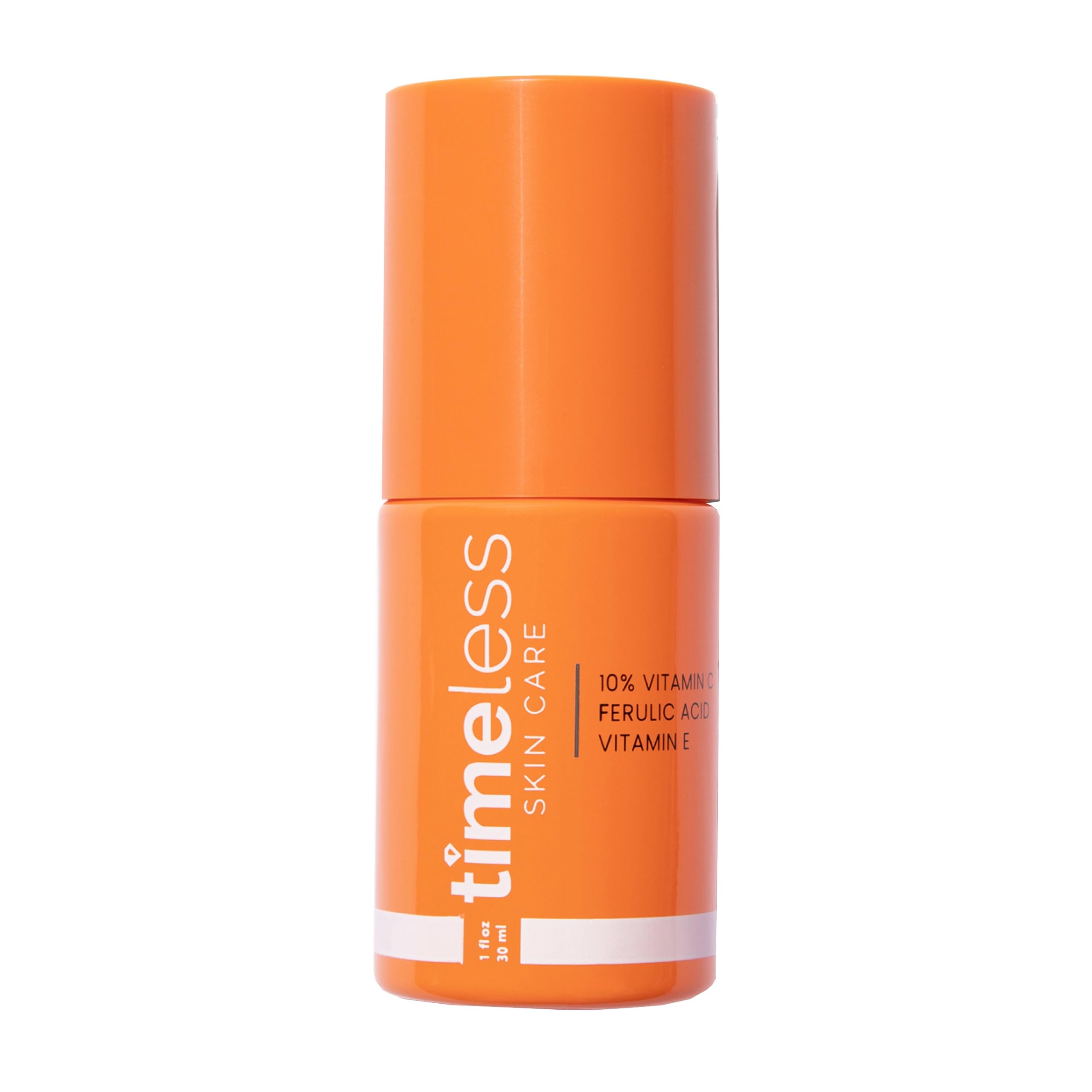 Timeless Skin Care Vitamin C Serum with Vitamin E and Ferulic Acid in a clear glass bottle with dropper