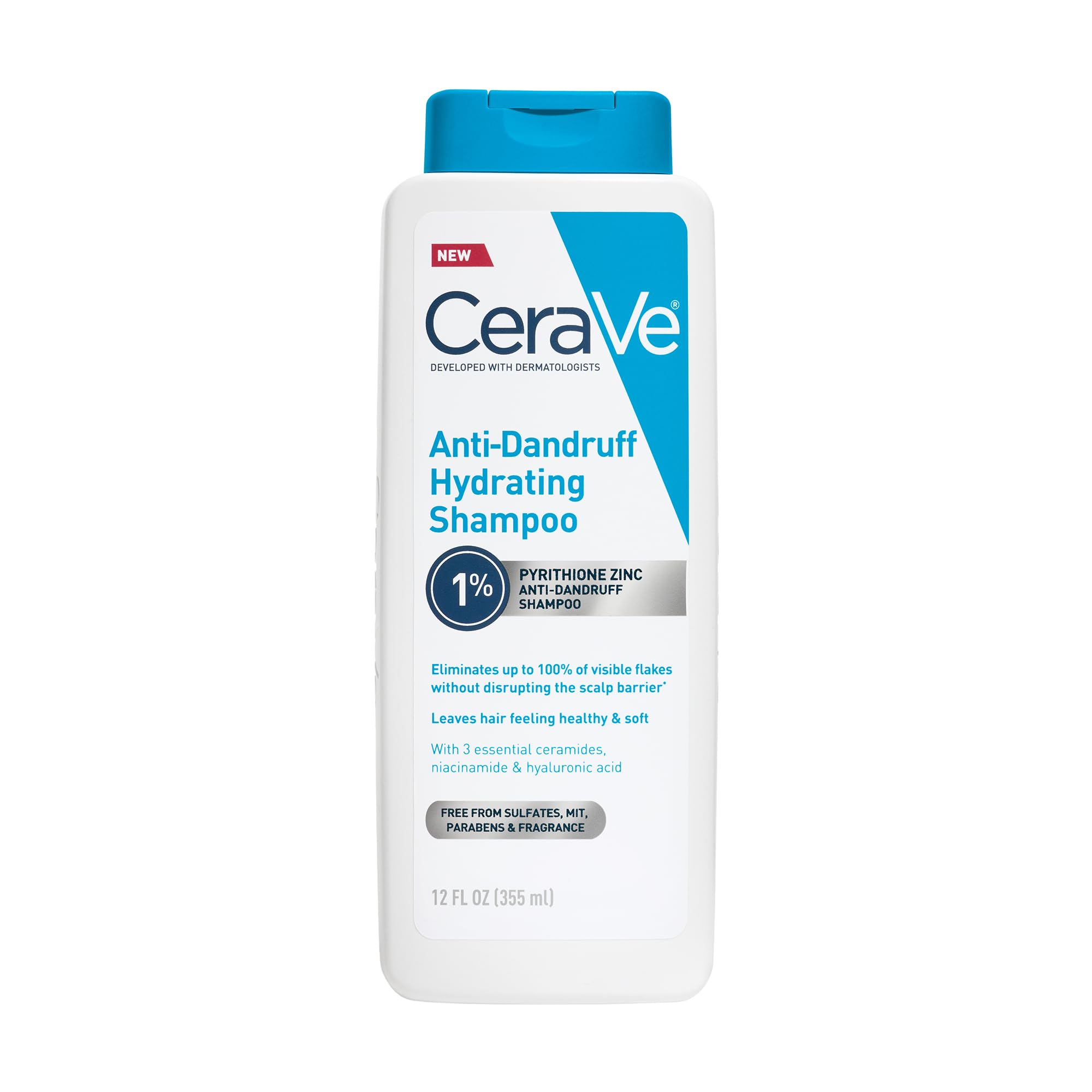 CeraVe Hydrating Anti Dandruff Shampoo bottle with label, featuring moisturizing and dandruff-fighting formula for scalp care.