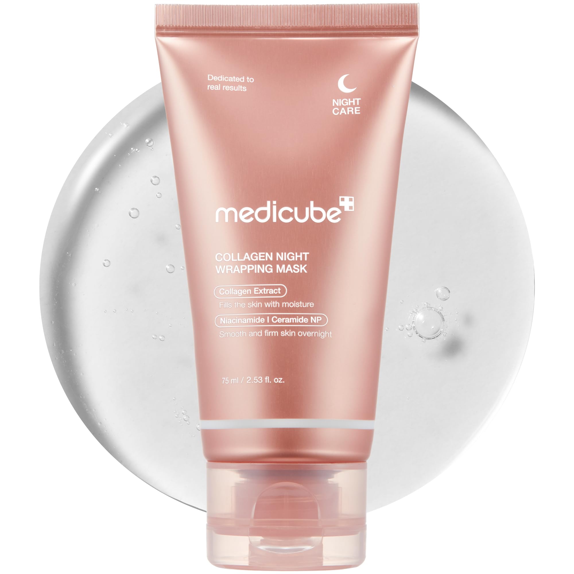 Medicube Wrapping Mask Collagen overnight peel-off facial mask showing the mask applied on a woman's face for skin hydration and firming.
