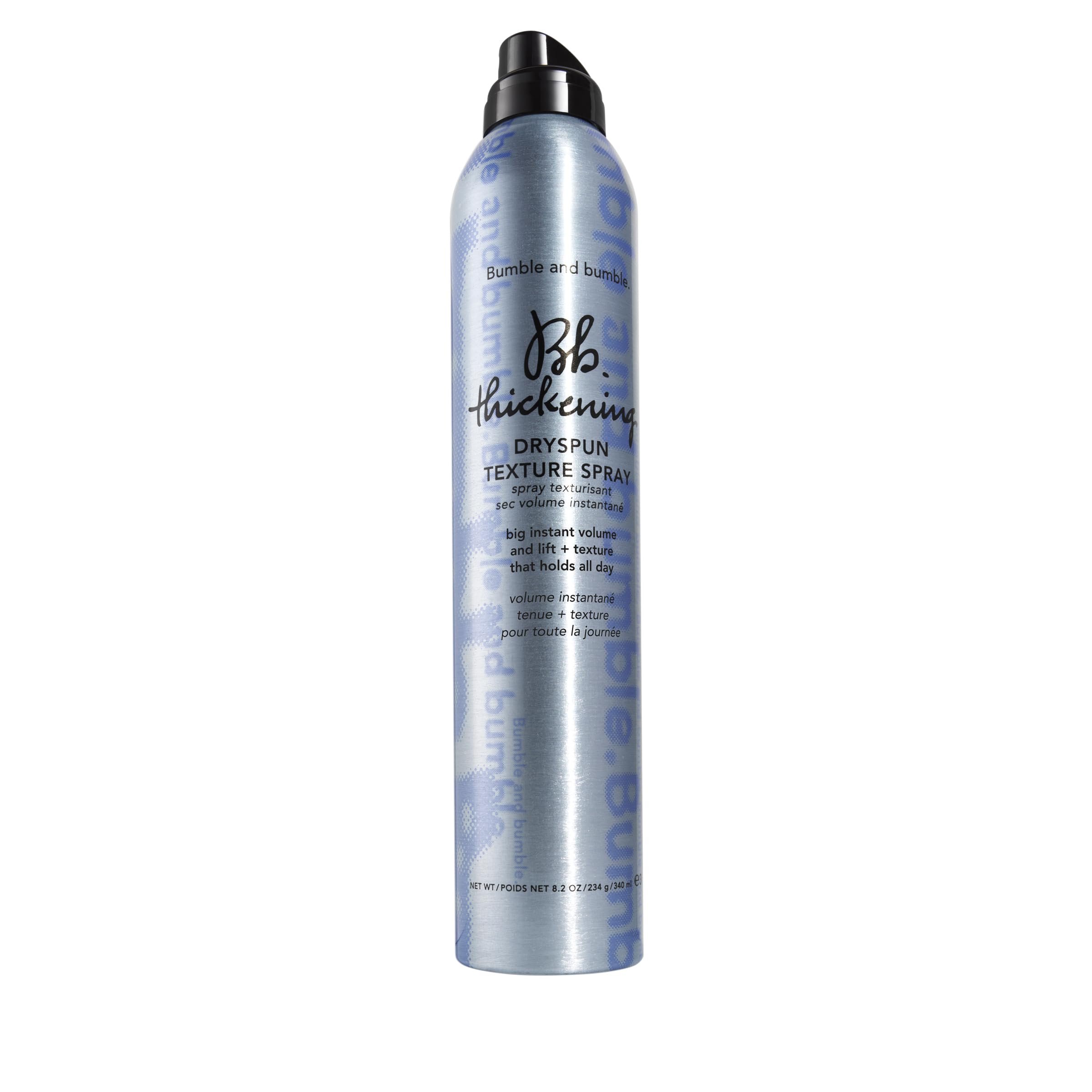 Bumble & Bumble Thickening Dryspun Texture Spray bottle with spray nozzle, designed to add volume and texture to hair.