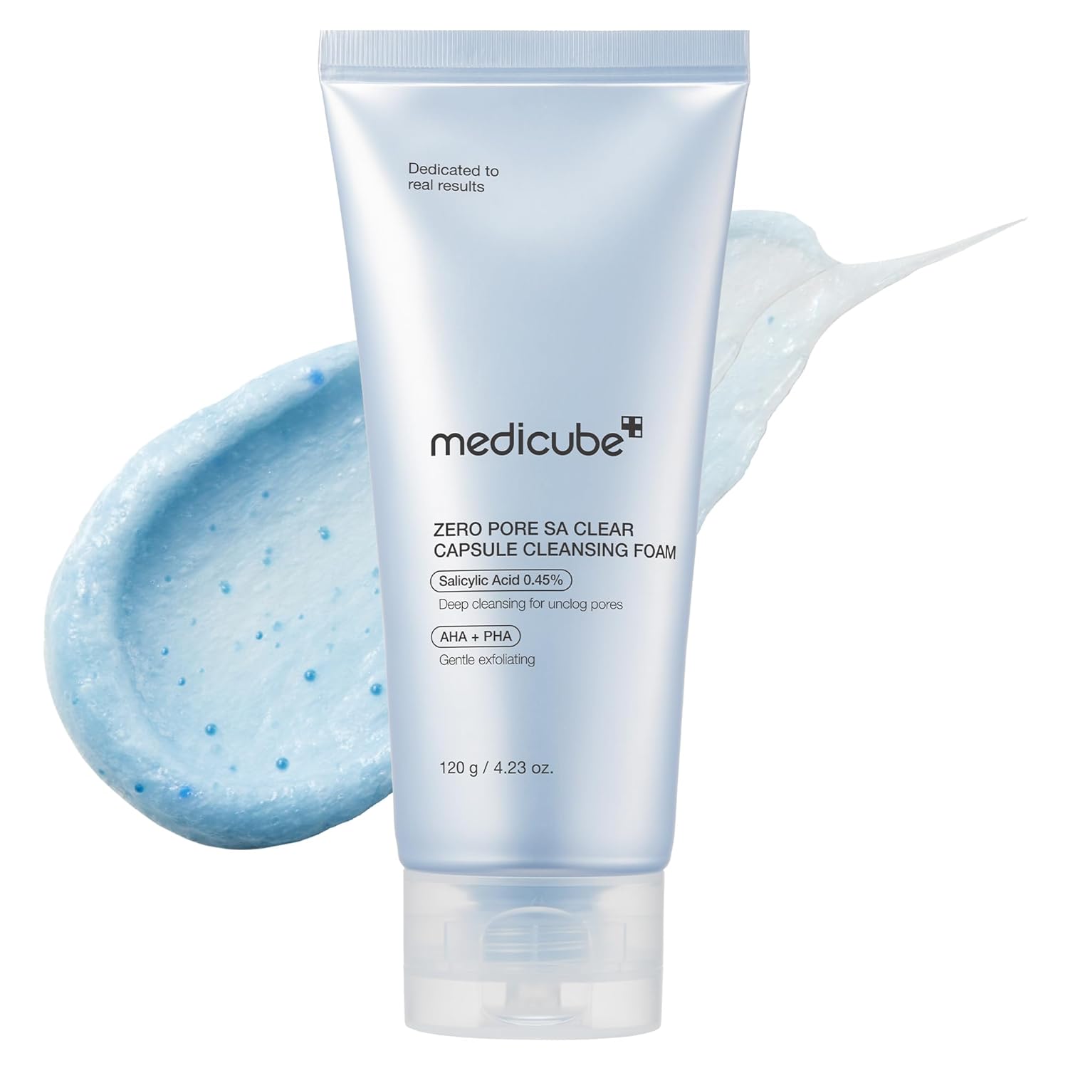 Medicube Facial Cleanser Zero Pore Capsule Cleansing Foam with a foaming texture in a white tube, designed for deep pore cleansing.