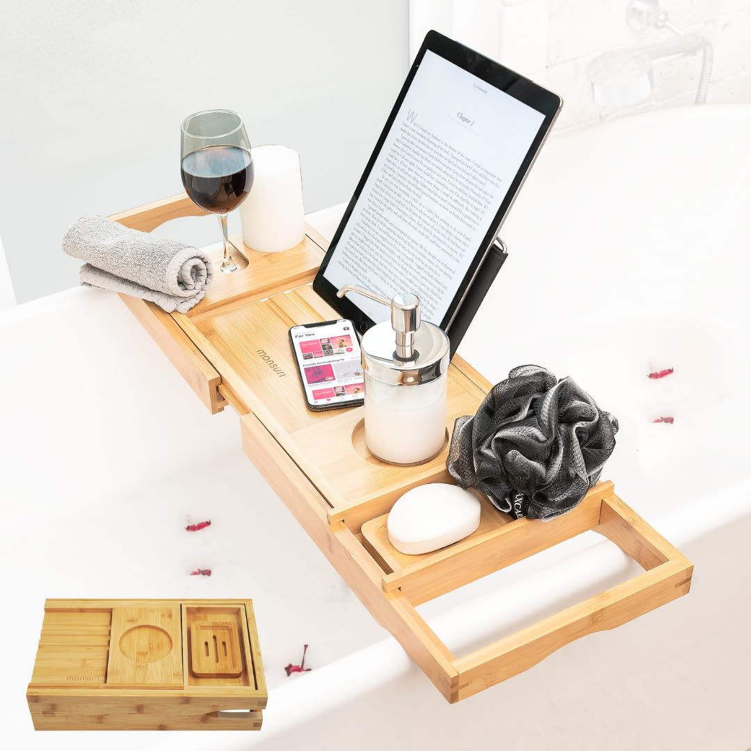 Bayleez foldable bathtub tray caddy holding a book, candle, and bath essentials in a relaxing bathroom setting.