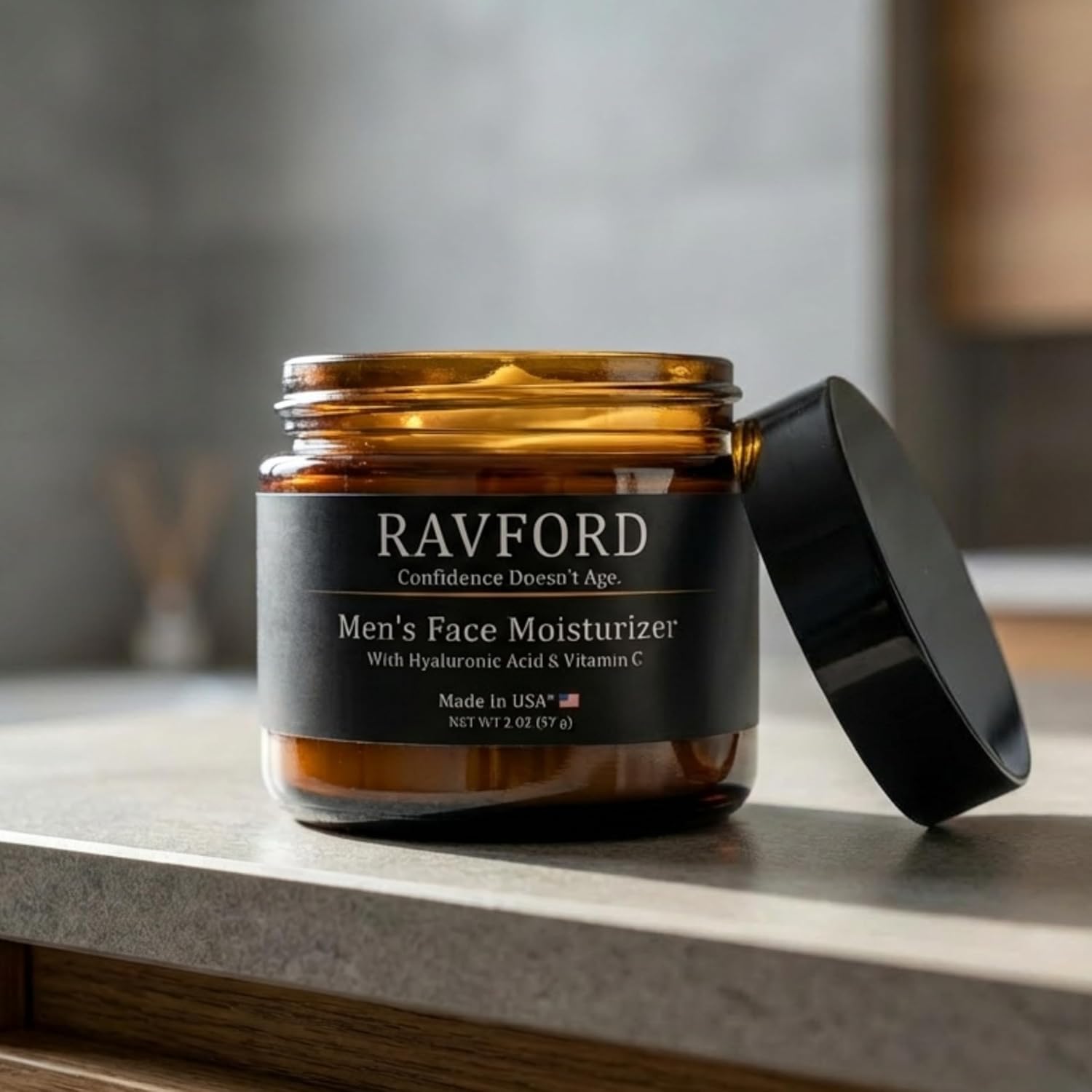 Ravford Men’s face moisturizer in a sleek jar, with a smooth cream texture and minimalist packaging.