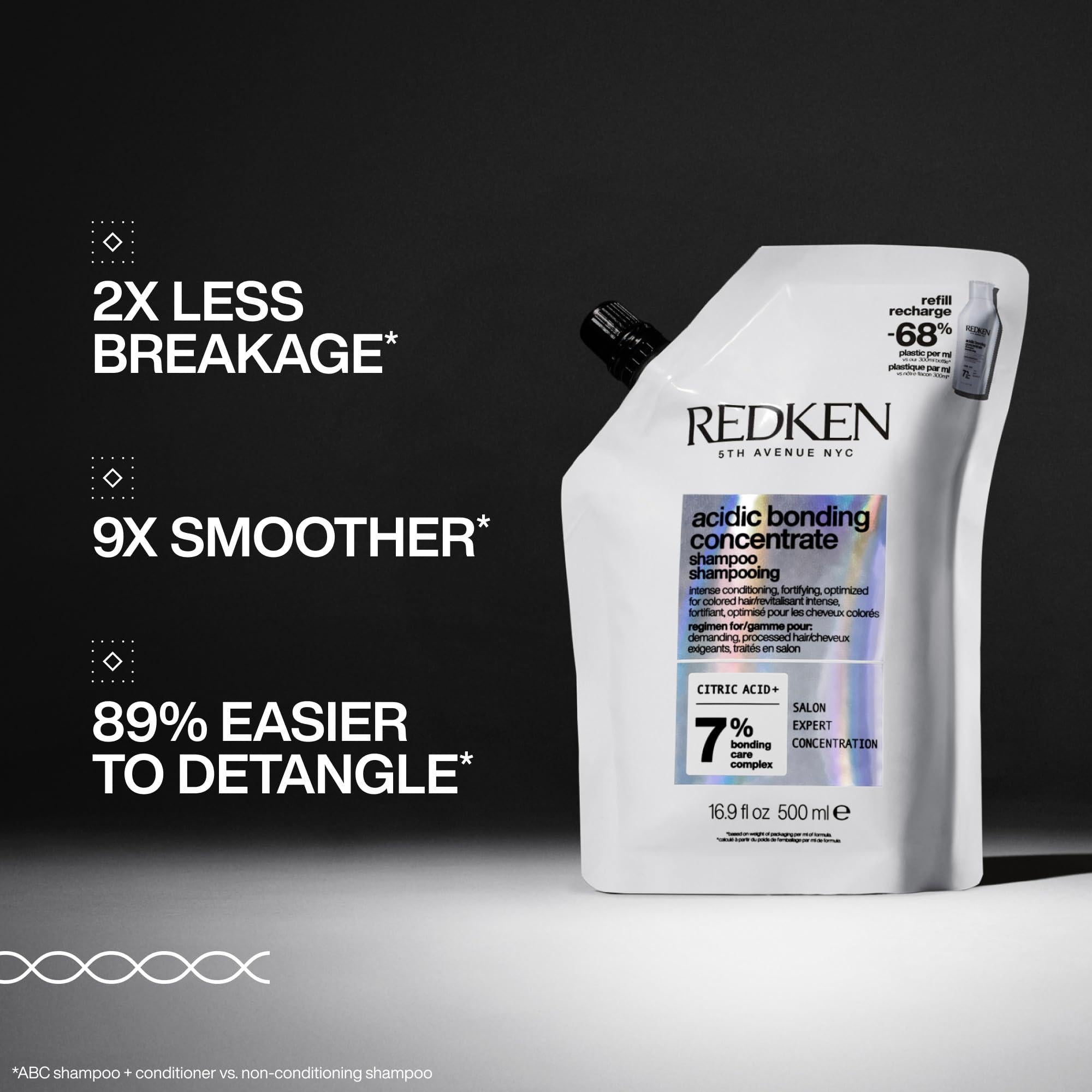 Redken Acidic Bonding Concentrate Shampoo for damaged hair, shown in a refill bottle with a red and white label.