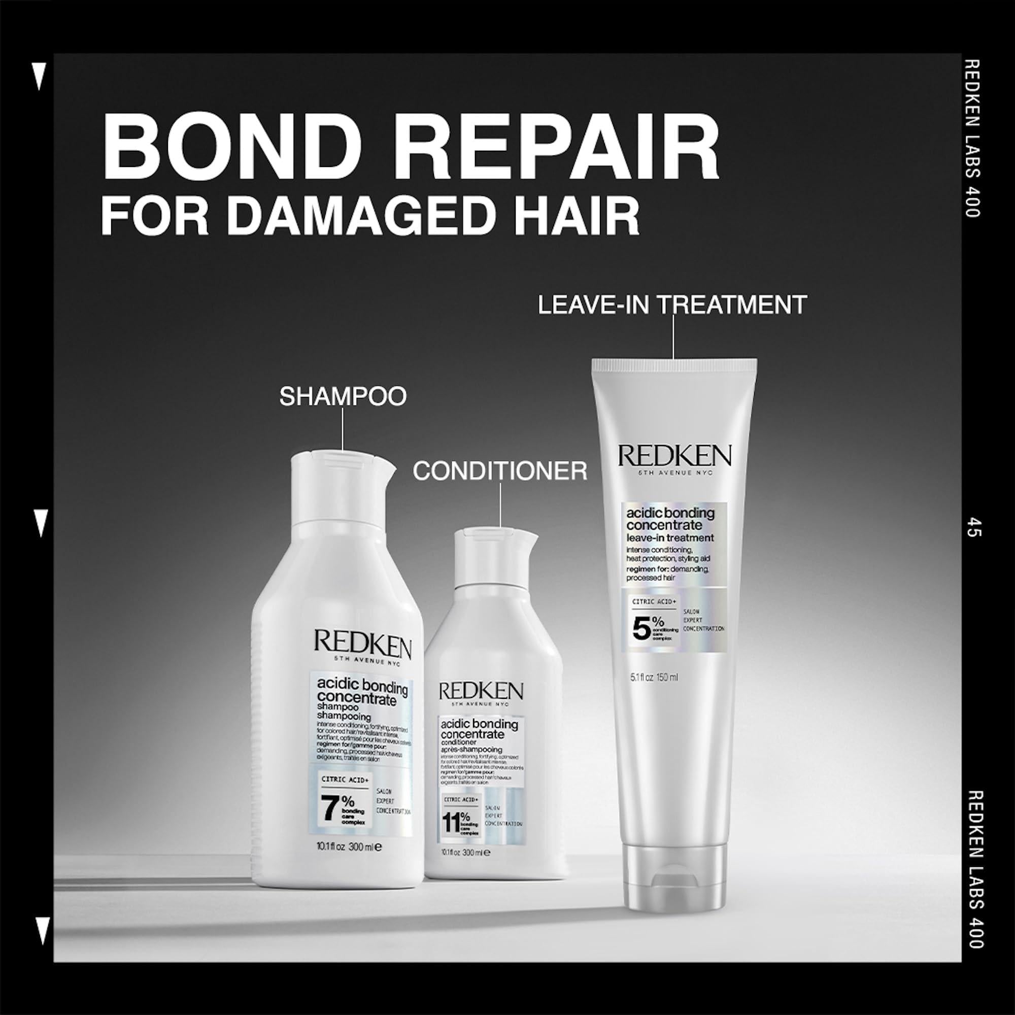 Redken Acidic Bonding Concentrate leave-in conditioner bottle with pump dispenser for damaged or color-treated hair.