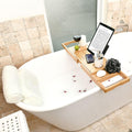 Foldable bathtub tray caddy by Bayleez with compartments for bath accessories and a non-slip surface for relaxing baths.