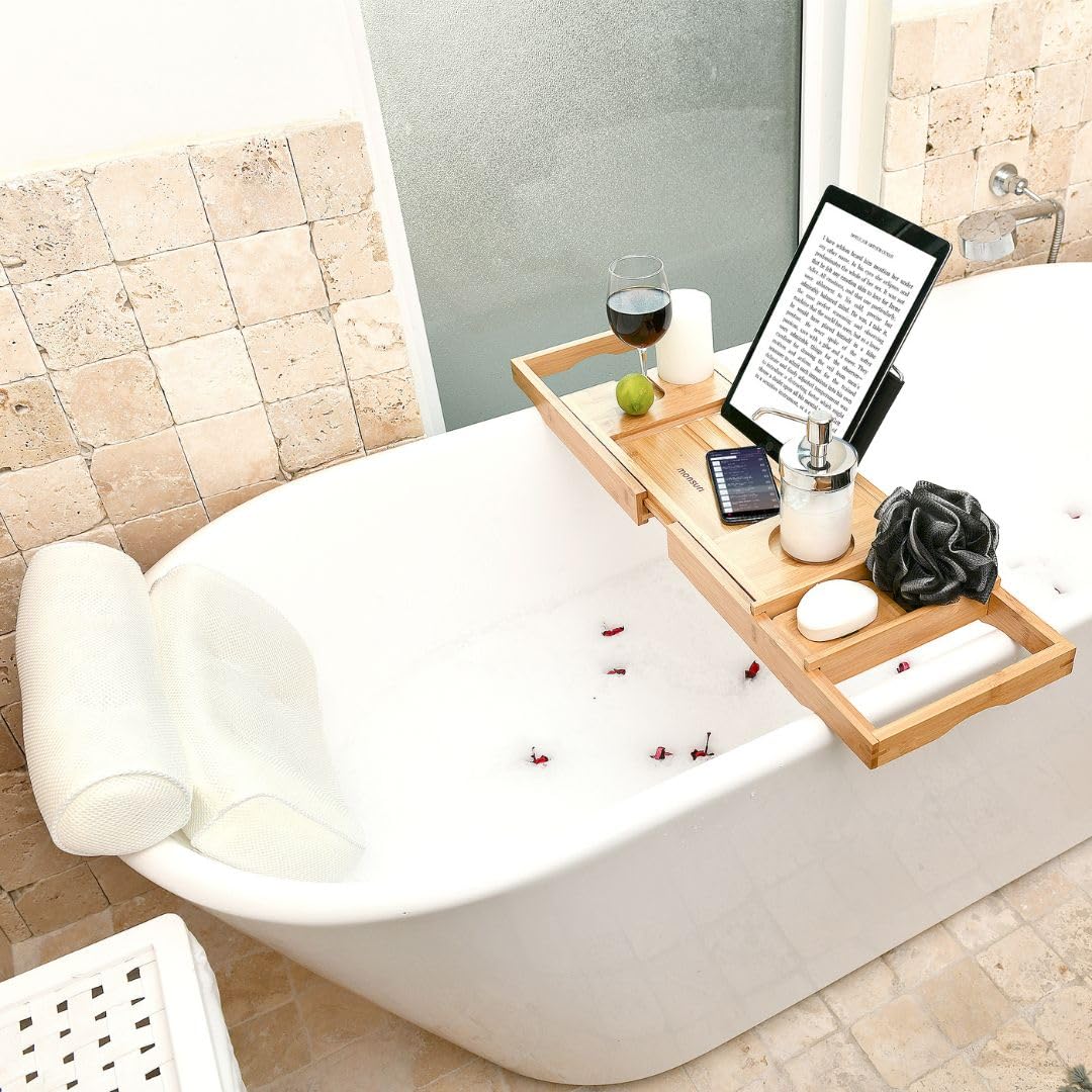 Foldable bathtub tray caddy by Bayleez with compartments for bath accessories and a non-slip surface for relaxing baths.