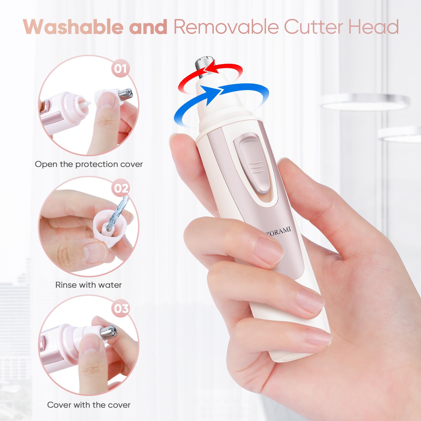 IPX7 Ear and Nose Hair Trimmer Clipper with precision blades, compact design, and waterproof build for personal grooming.