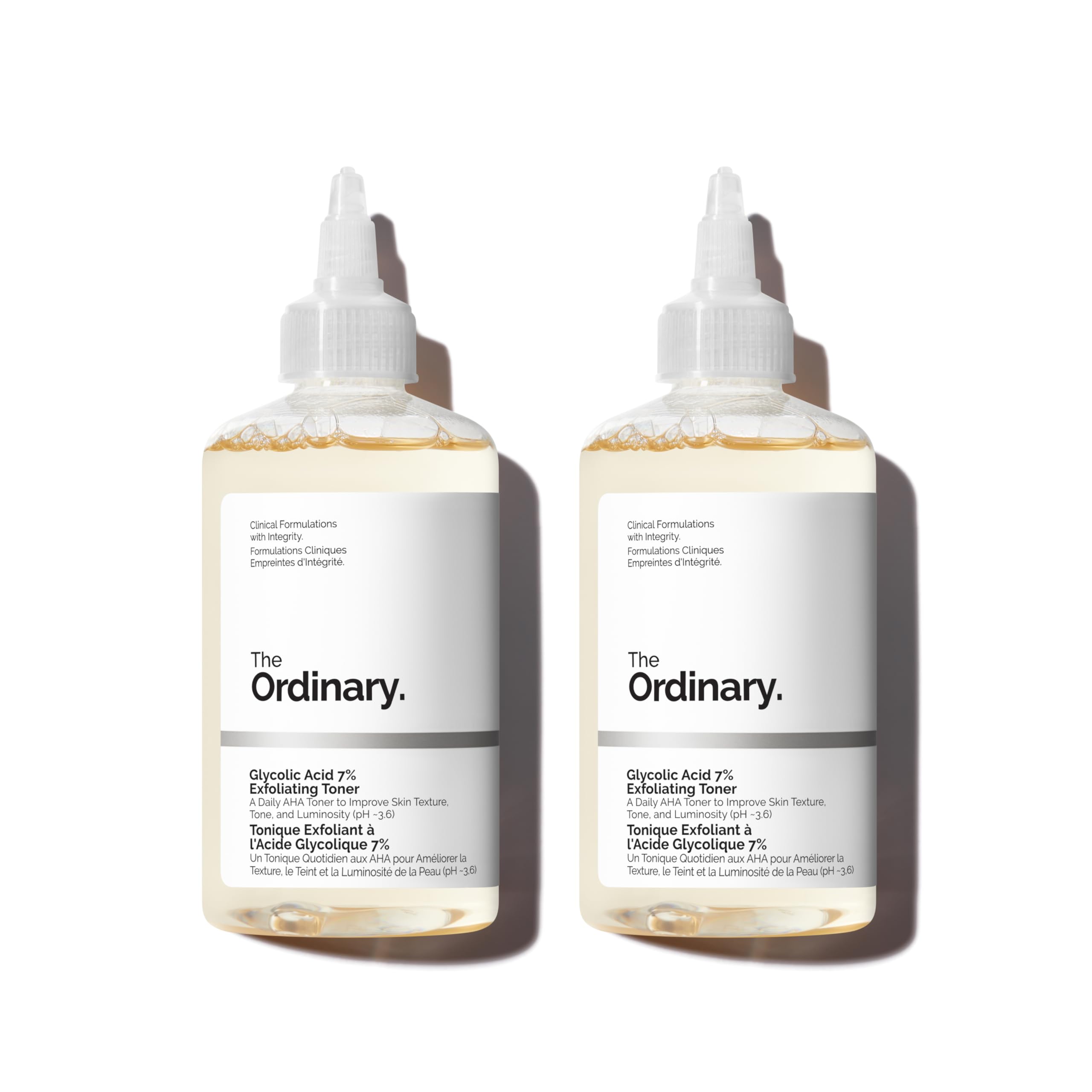 A bottle of The Ordinary Glycolic Acid 7% Exfoliating Toner with a clear liquid inside and a minimalist white label.