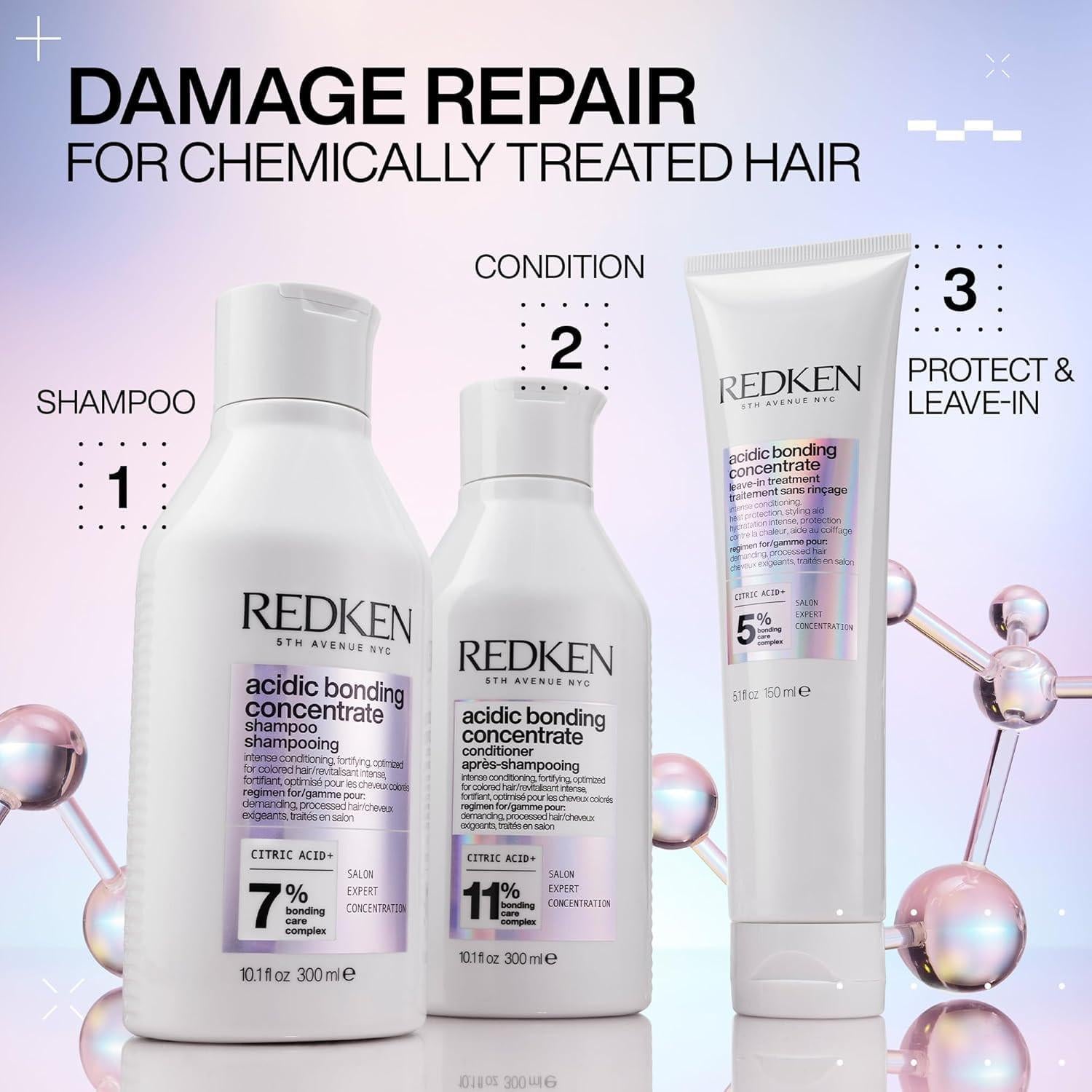 Redken Acidic Bonding Concentrate conditioner for damaged hair, showing smooth, shiny hair with product packaging in the background.