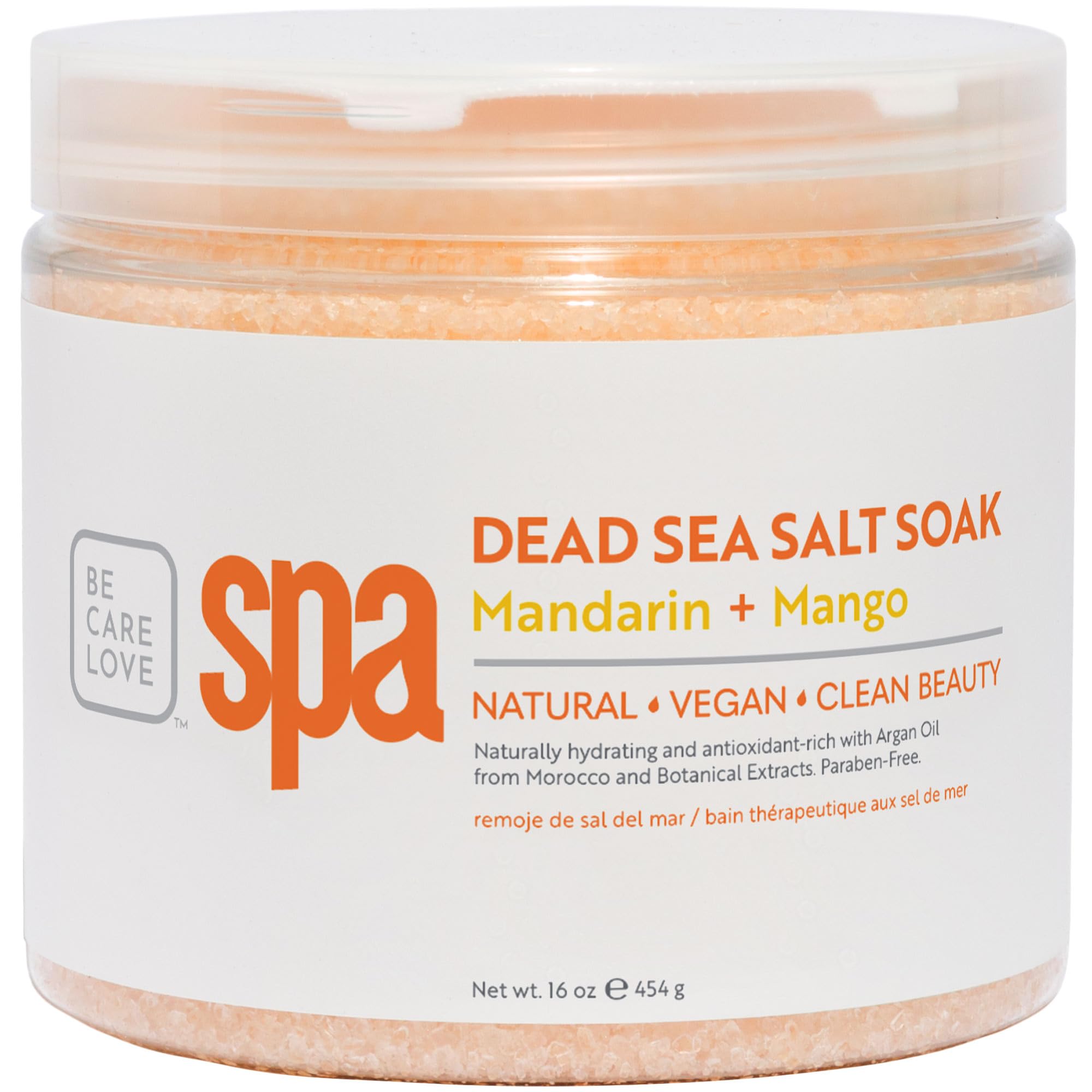 Be Care Love Spa Dead Sea Salt Soak in a jar, showing coarse sea salts ideal for relaxing bath treatments.