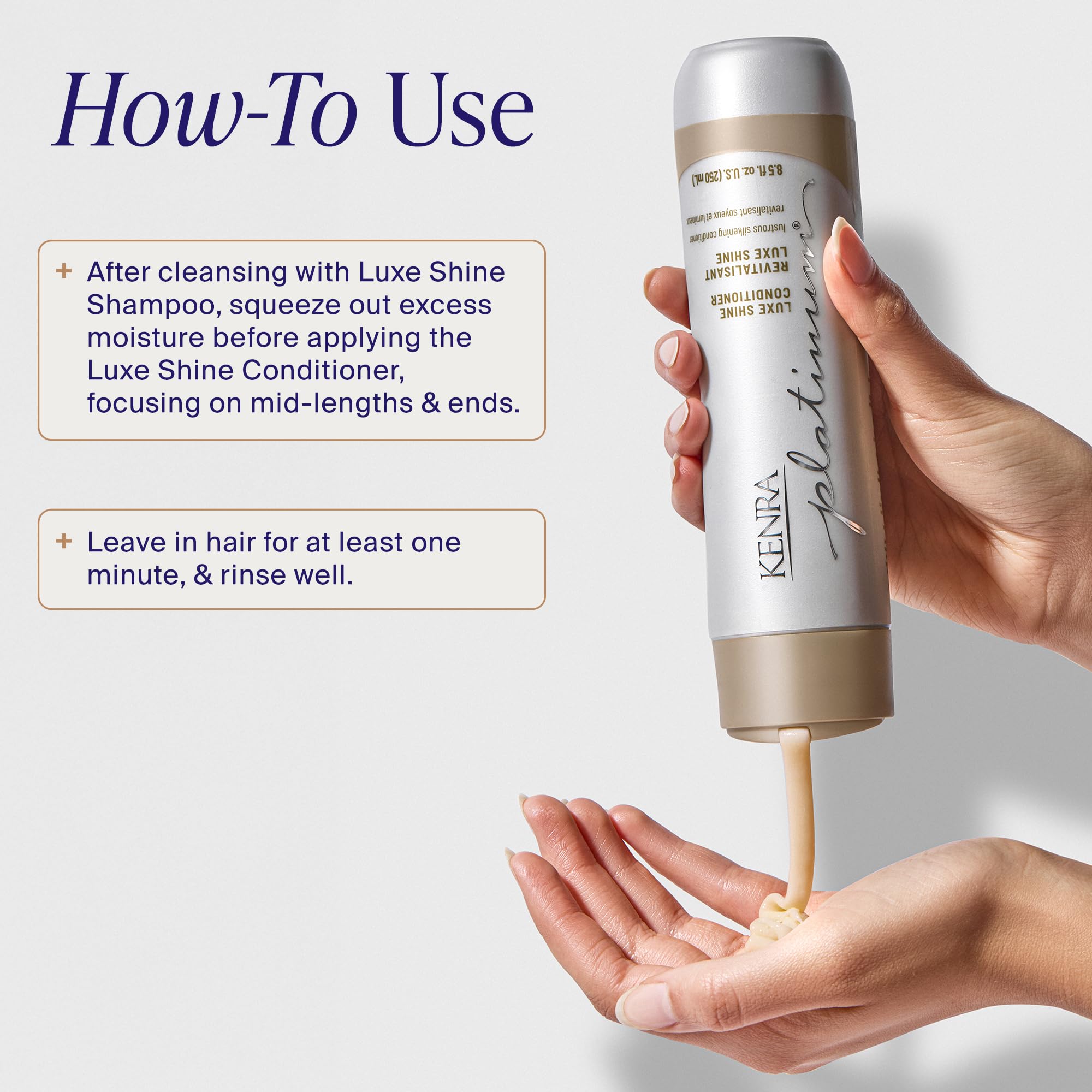 Kenra Platinum Luxe Shine Conditioner bottle with sleek packaging, designed to add shine and smoothness to hair.