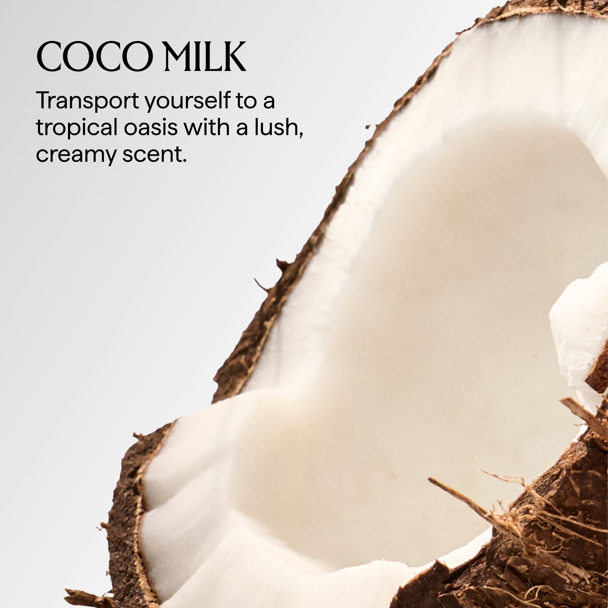 Herbivore Coconut Milk Bath Soak in a clear jar with a scoop, surrounded by coconut and botanical elements for a soothing bath.