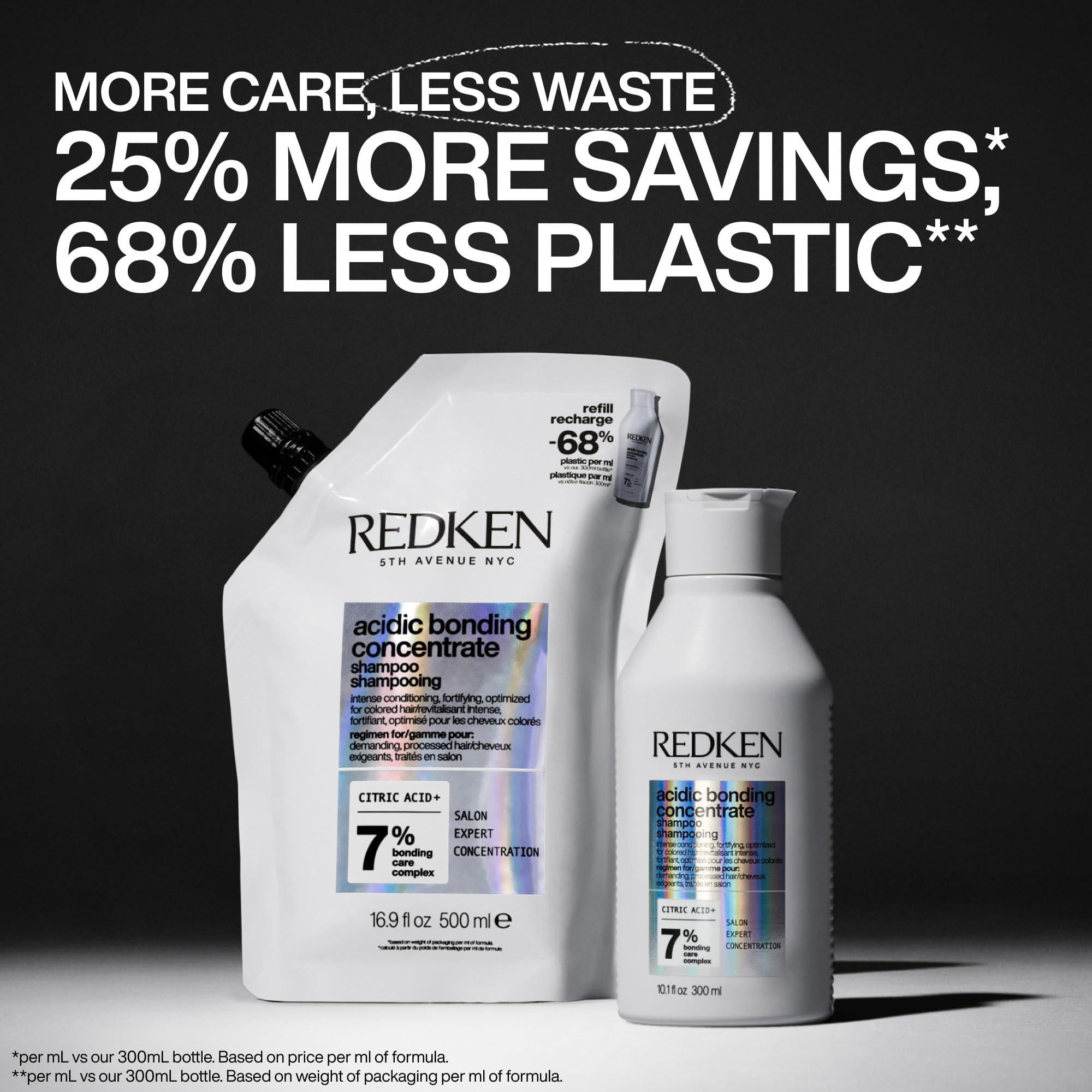 Redken Acidic Bonding Concentrate Shampoo for damaged hair repair, featuring a refill bottle with red and white packaging.