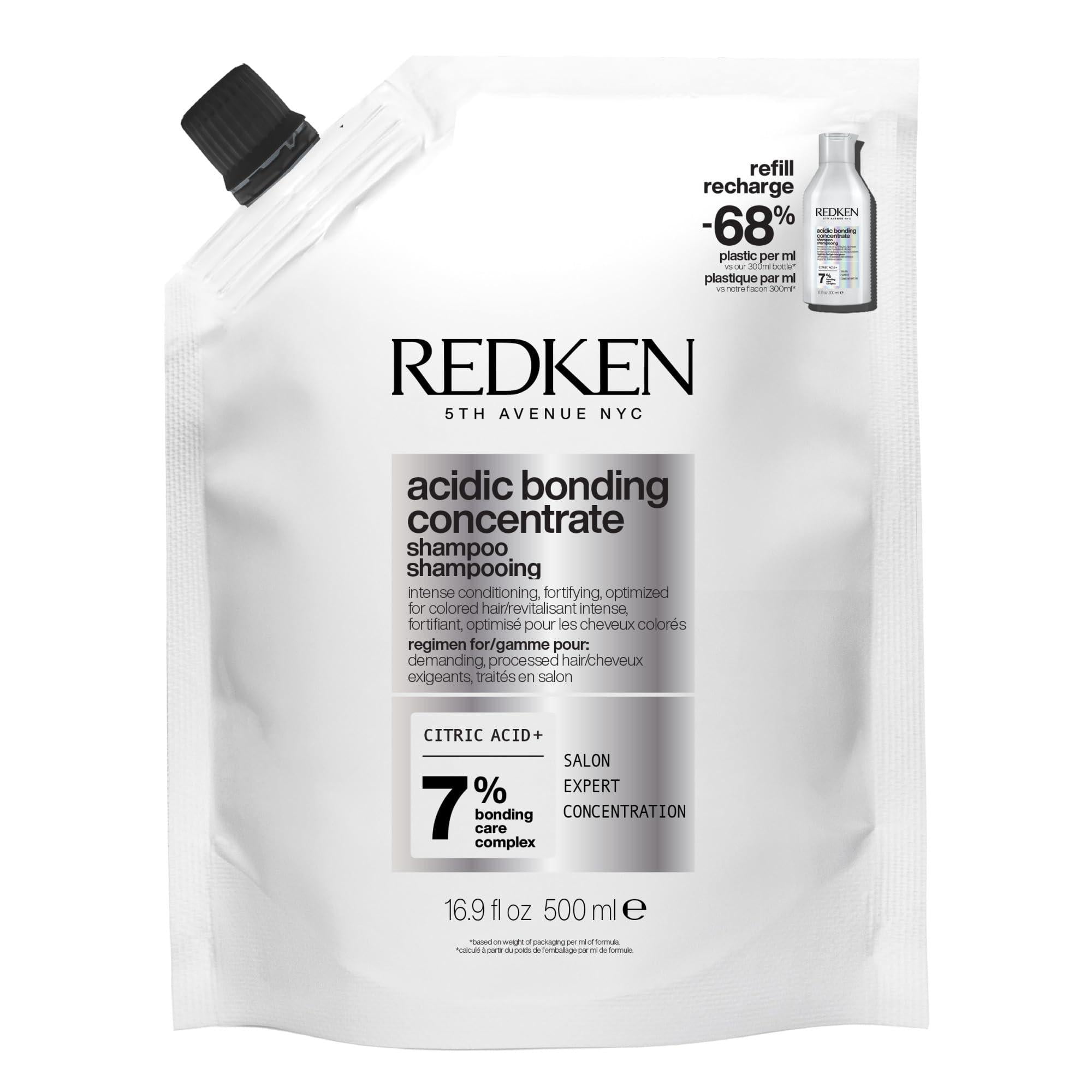 Redken Acidic Bonding Concentrate Shampoo for damaged hair, shown in a refill bottle with red and white packaging.
