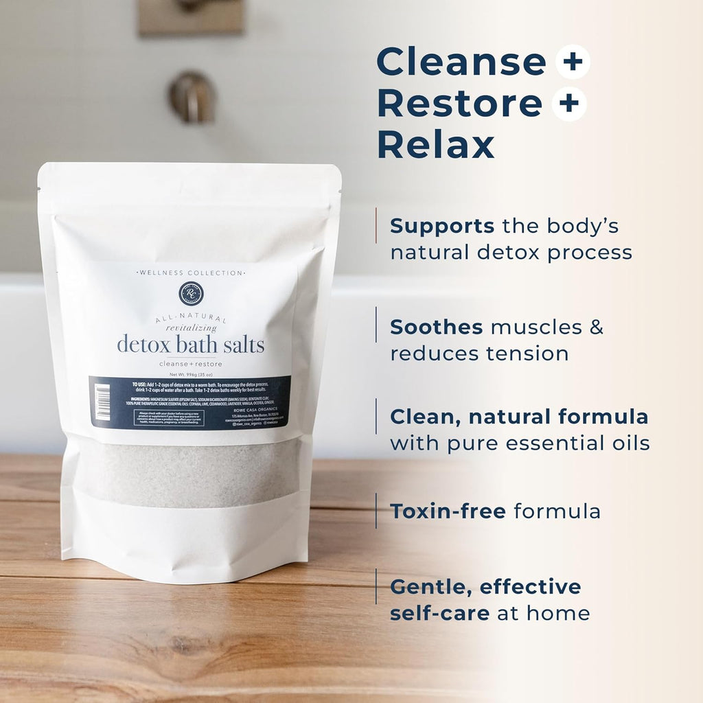 Rowe Casa Organics detox bath salts with magnesium and bentonite clay, showing a jar of healing bath salts on a wooden surface.