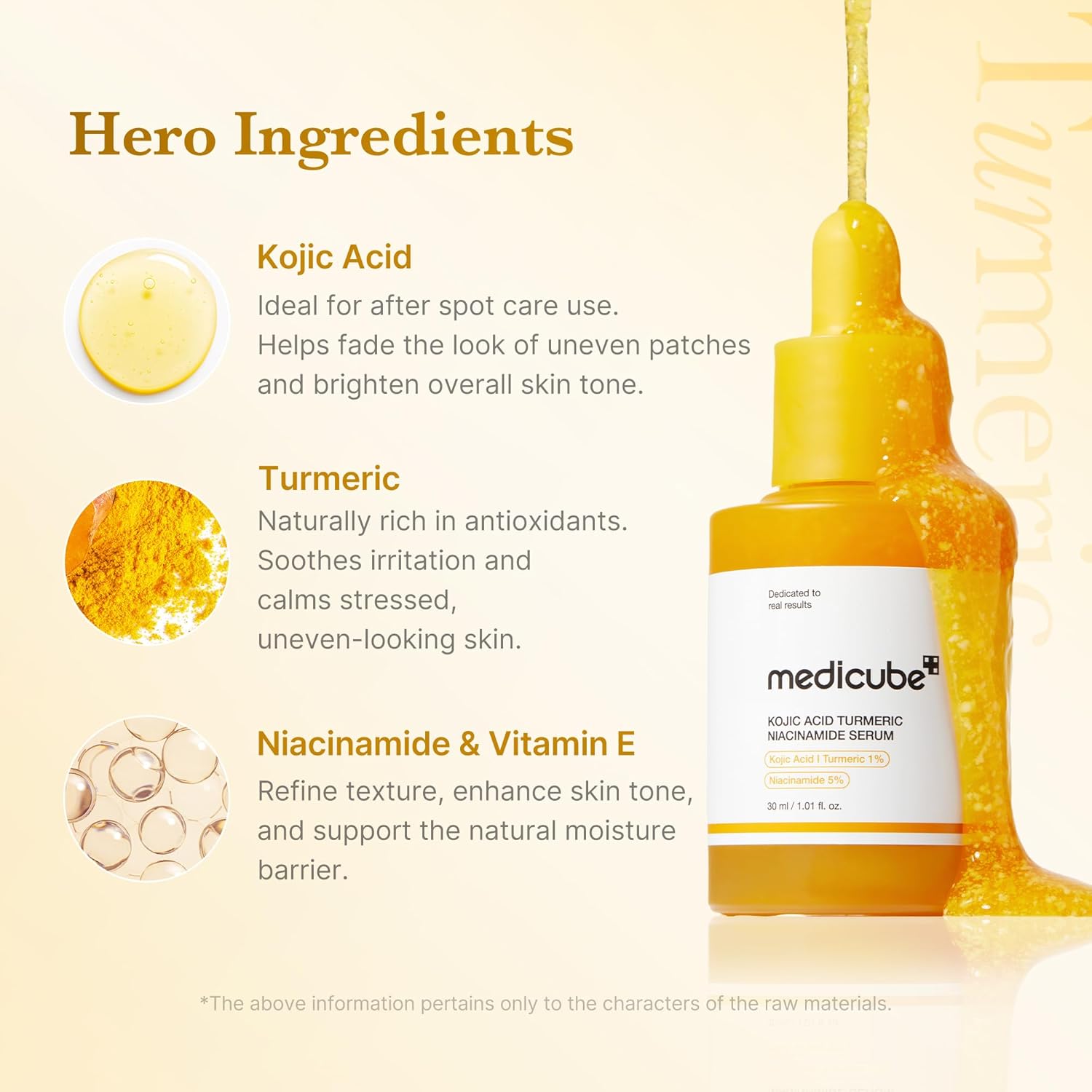 Medicube Kojic Acid Turmeric Clarifying and Balancing Capsule Serum in a sleek glass bottle with capsules visible