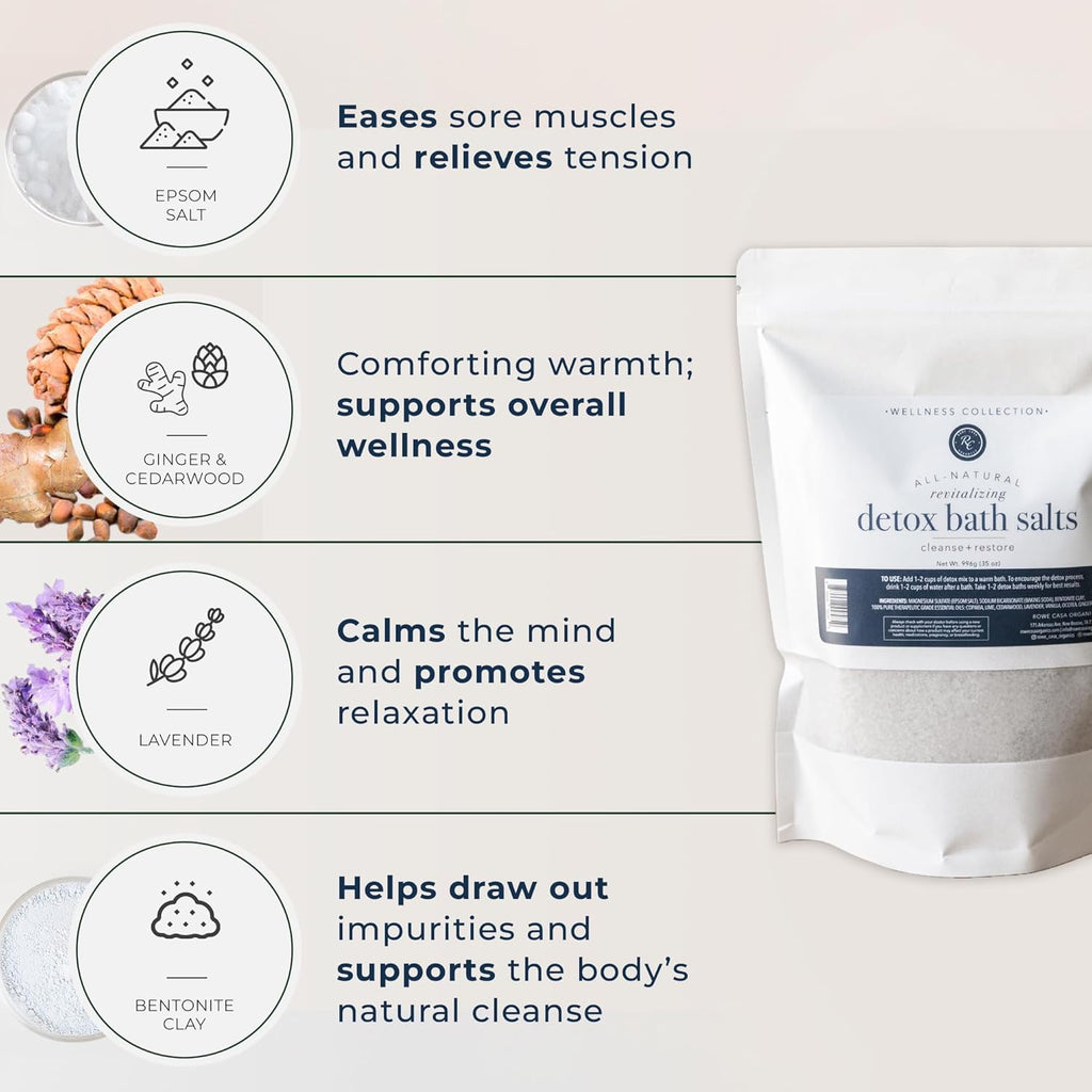 Rowe Casa Organics Detox Bath Salts with magnesium and bentonite clay in a clear glass jar with a wooden scoop.