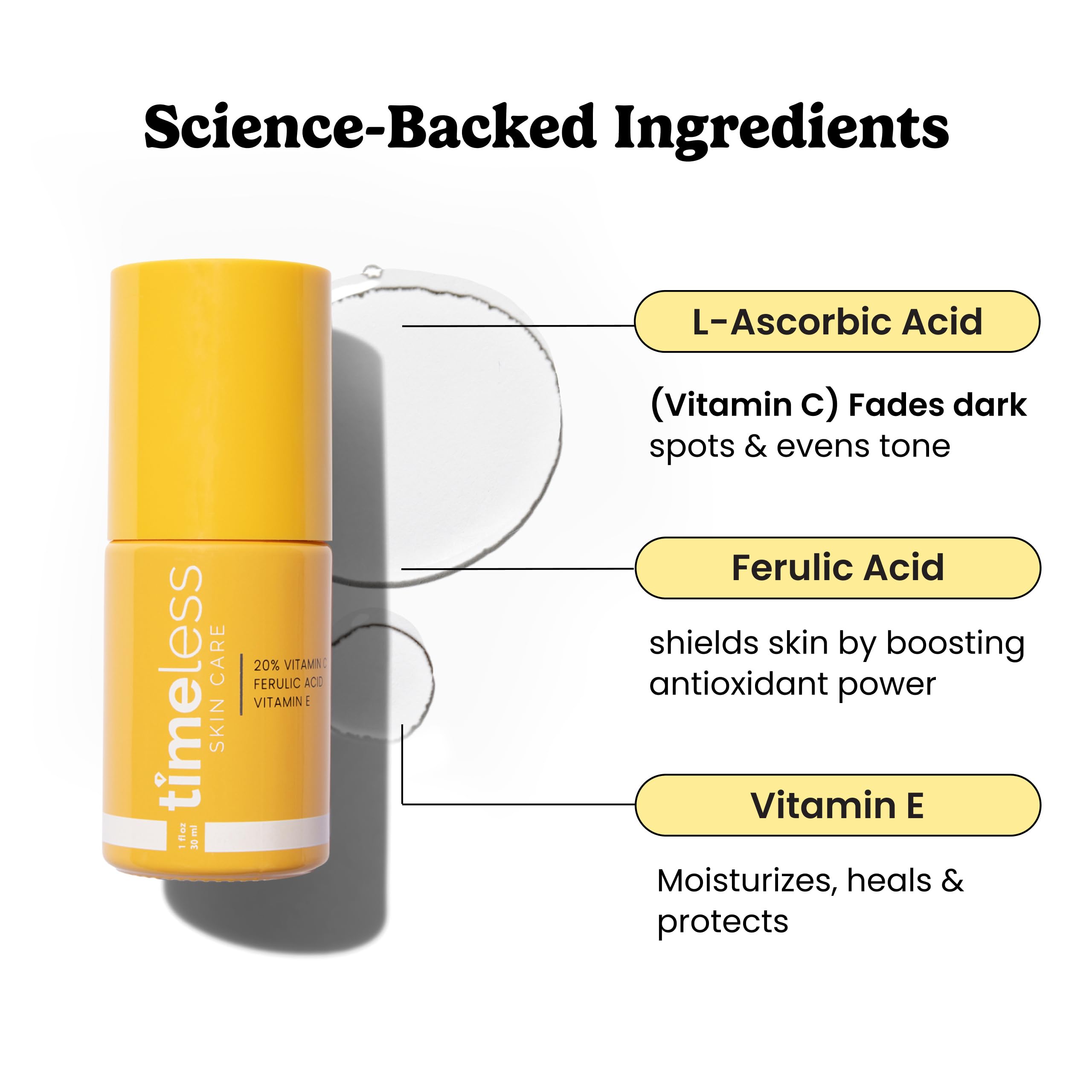 Bayleez Vitamin C Serum with Vitamin E and Ferulic Acid in a clear dropper bottle, showcasing vibrant orange serum inside.