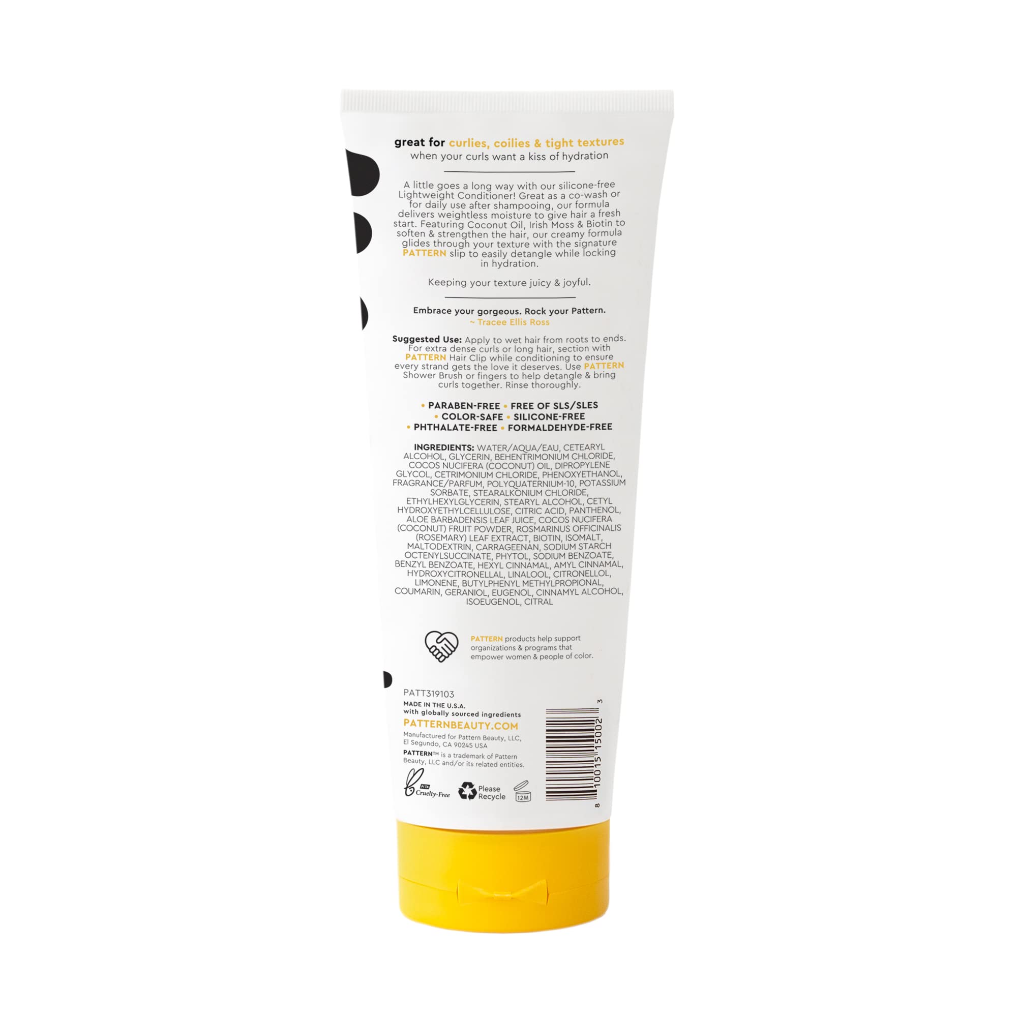 Pattern Beauty lightweight conditioner and co-wash bottle, moisturizing hair product for textured and curly hair.